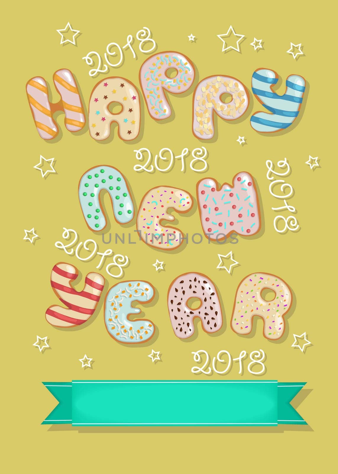 Happy New Year 2018. . Sweet donuts and green banner for custom text. Artistic font. Illustration