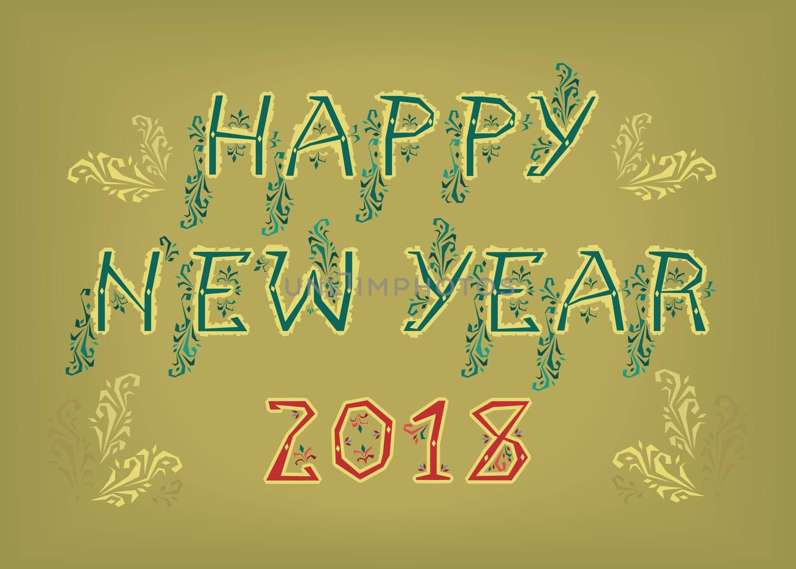 Happy New Year 2018. Folk geometric artistic font. Yellow letters with green decor. Red numerals. Illustration