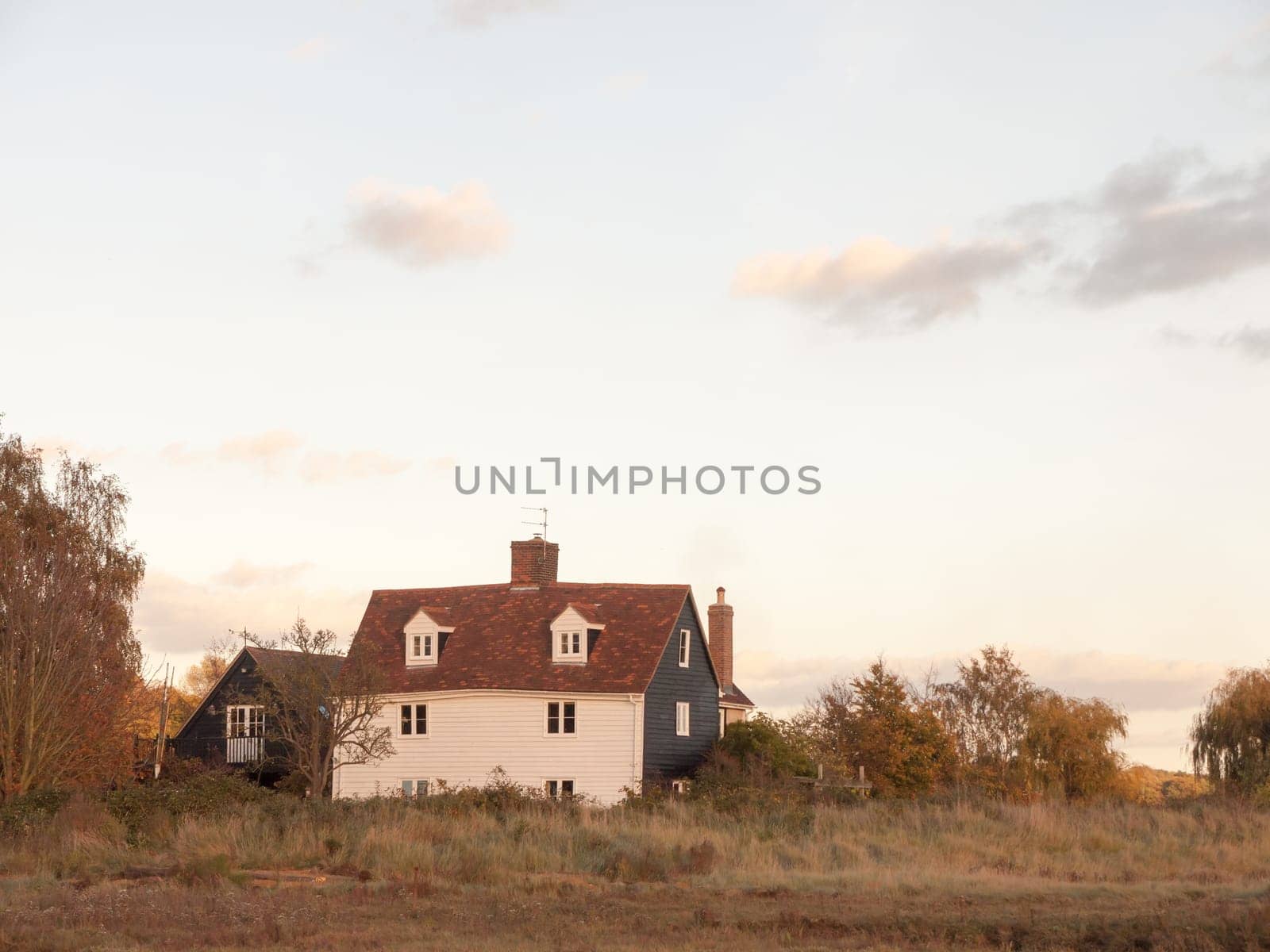 old white country farm house cottage in field  essex  england  uk