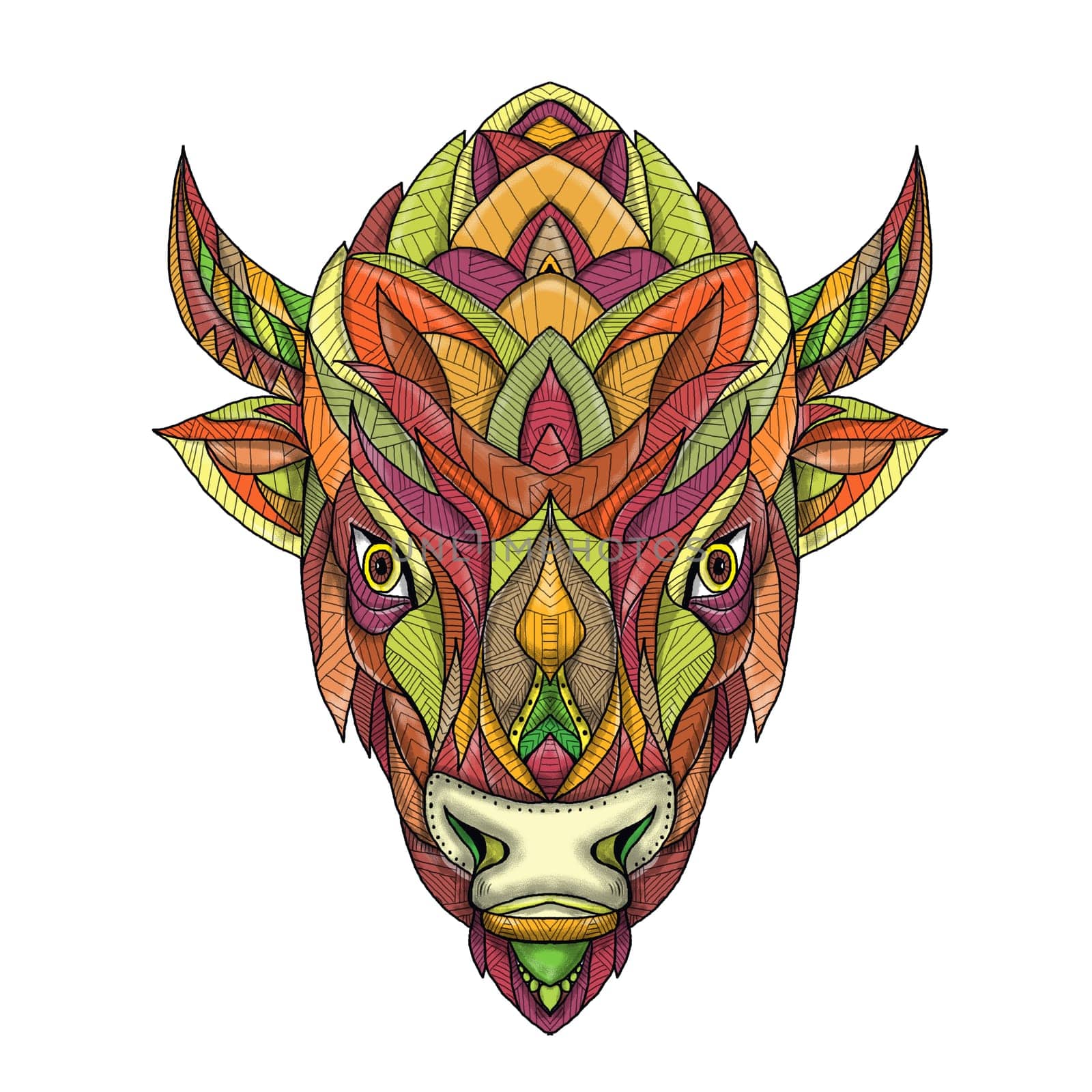 Mandala style illustration of an American buffalo or bison head viewed from front  on isolated background.