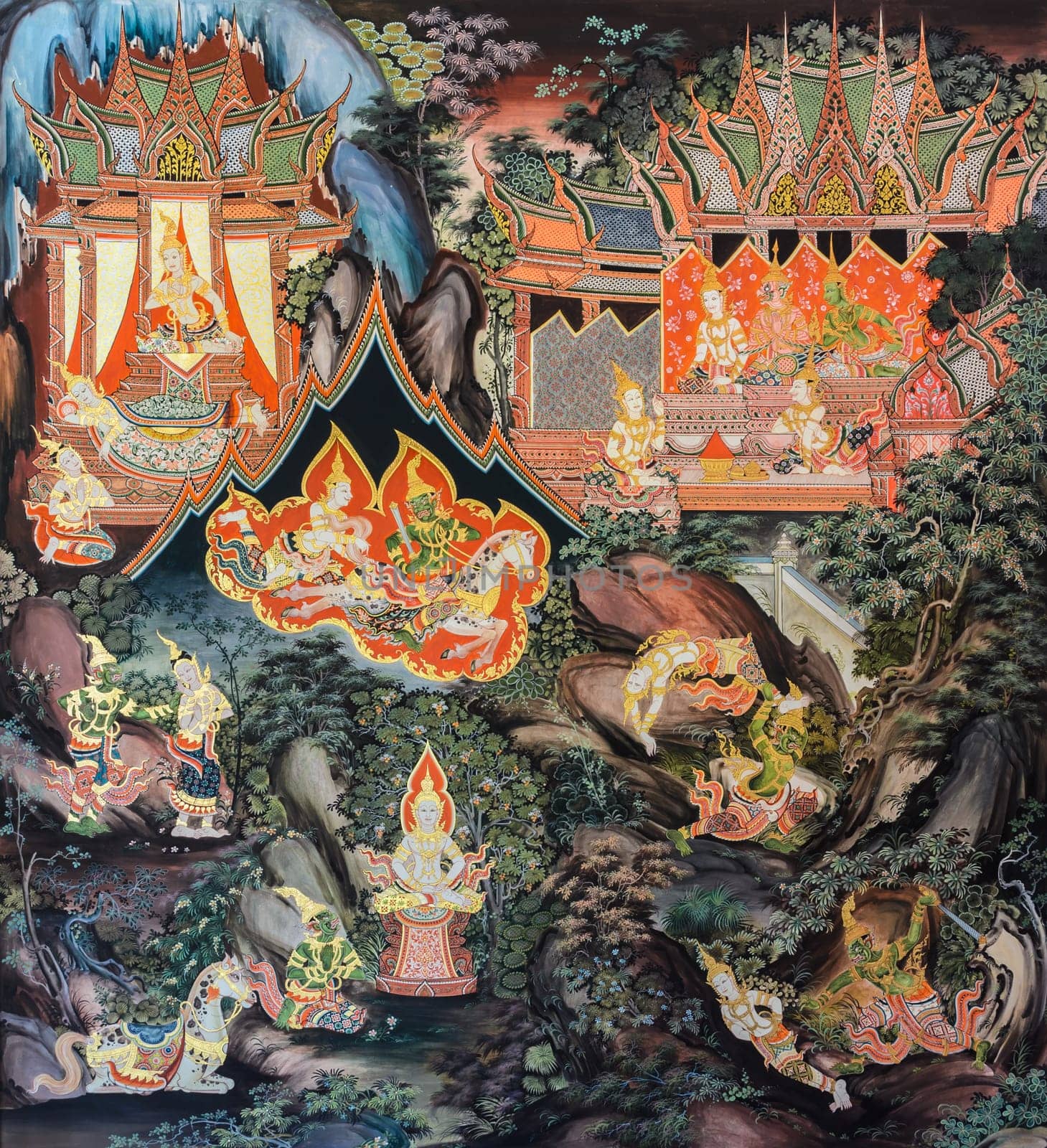 Buddhist temple mural painting (The life of Buddha) in Suphan Buri, Thailand