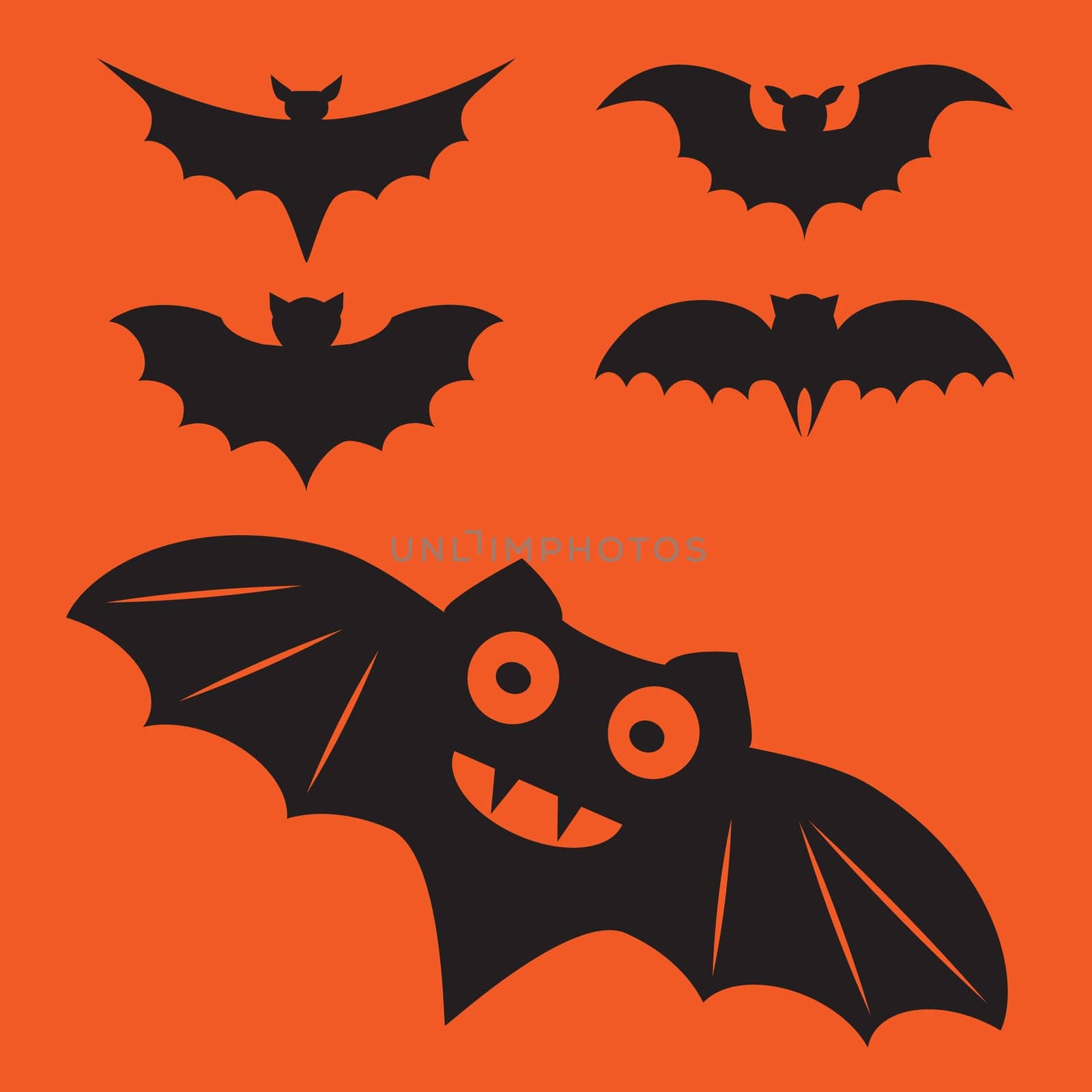 Funny halloween vector mystery vampire silhouettes. Dark spooky bats monsters isolated from orange background.