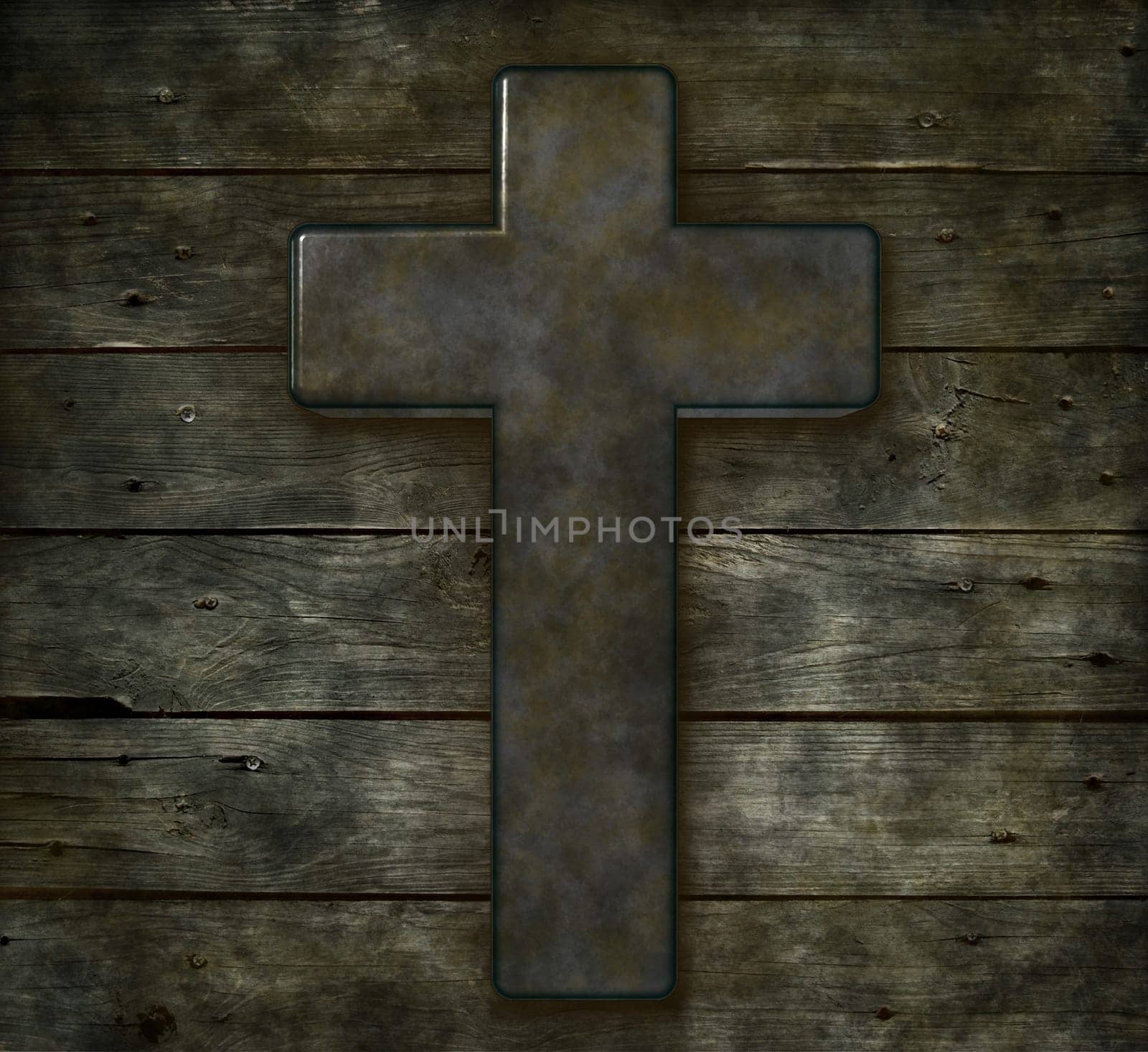 Christian cross on dirty board wall