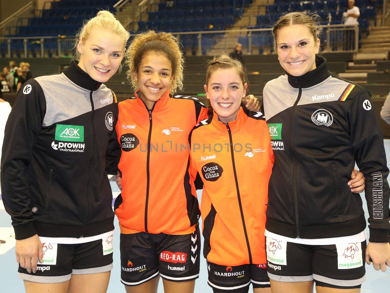 Shenia Minevskaja,Delaila Amega,Kelly Vollebregt and Julia Behnke (all TuS Metzingen) at the women's international match Germany against Netherlands on 28.10.2017 in Magdeburg