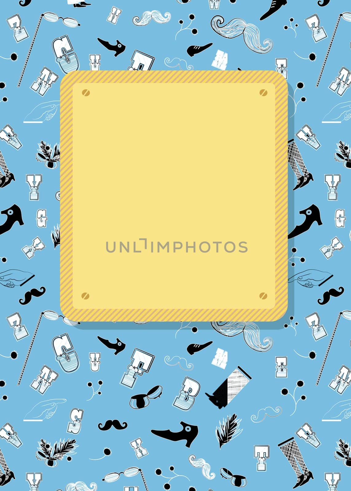 Vintage greeting card. Retro black and white items - boots, mustaches and others. Yellow banner for custom text. Blue background