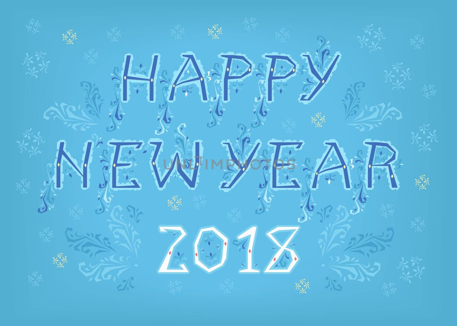Happy New Year 2018. Folk geometric artistic font. Blue letters with ice decor. White numerals. Background with snowfall. Illustration