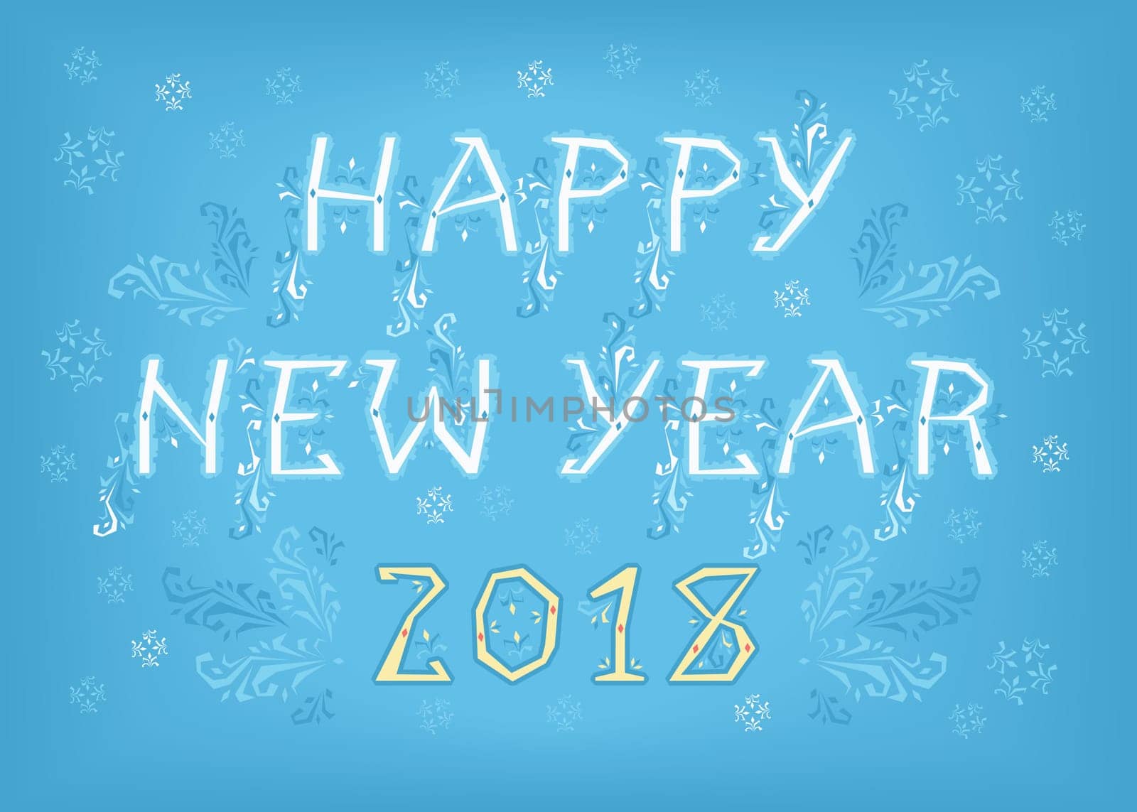 Happy New Year 2018. Folk geometric artistic font. White letters with blue decor. Yellow numerals. Background with snowfall. Illustration