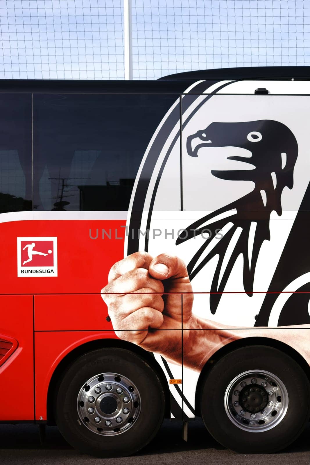Mainz,Germany - October 25,2017: The coat of arms of the football club SC Freiburg on the team bus at a game of the Regionalliga on October 25,2017 in Mainz.