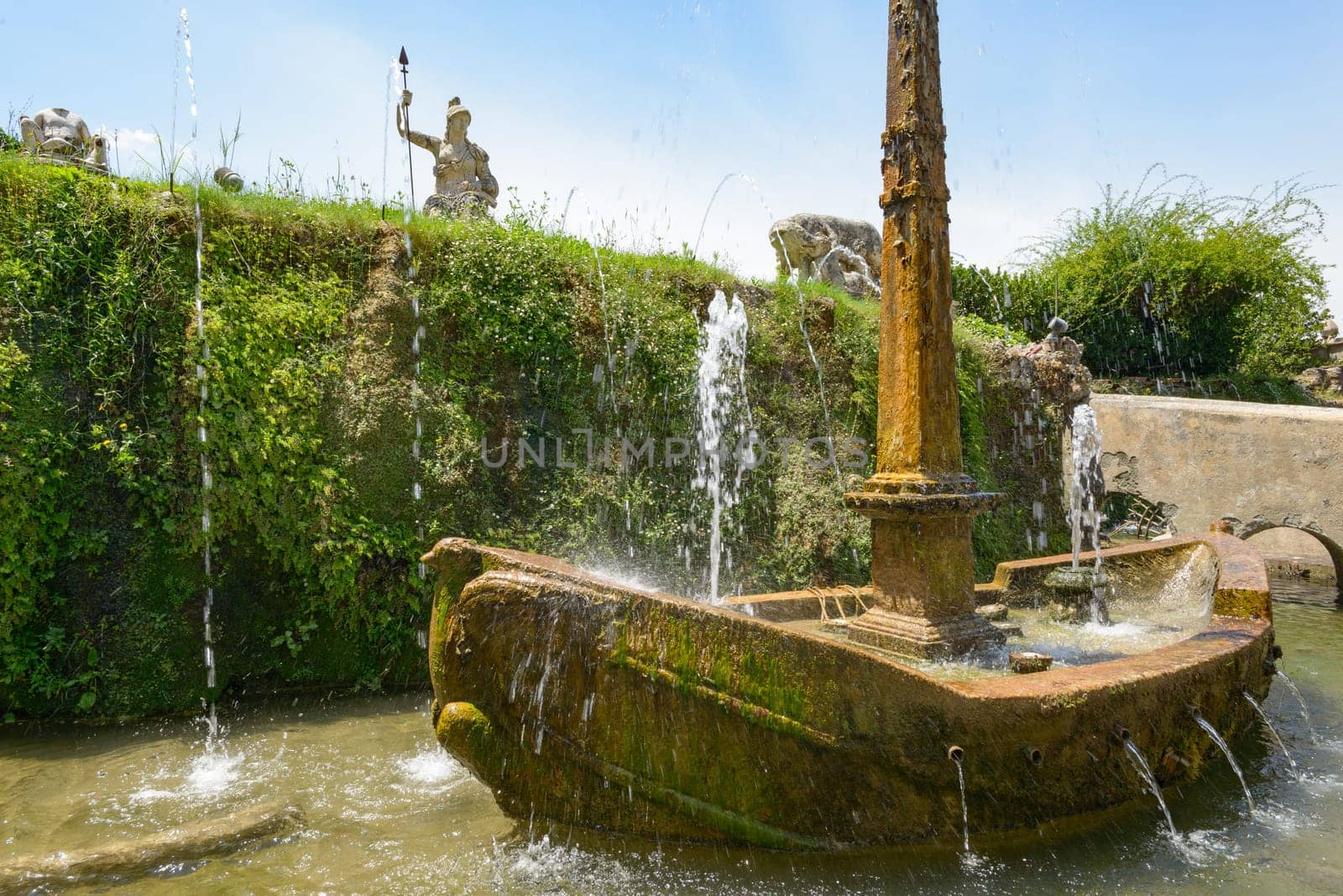 Wonderful landscape in Tivoli, Italy, with a nice blue sky and fountains