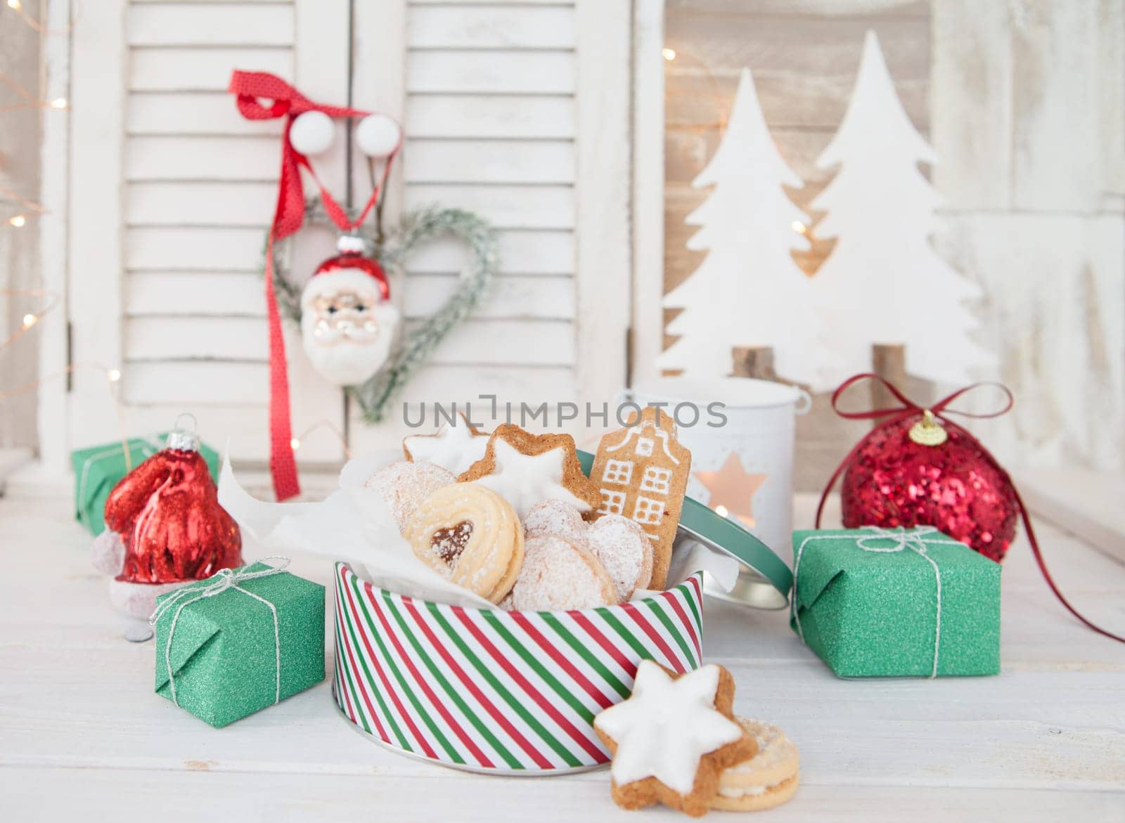 Cookie jar with places and colorful decoration for Christmas