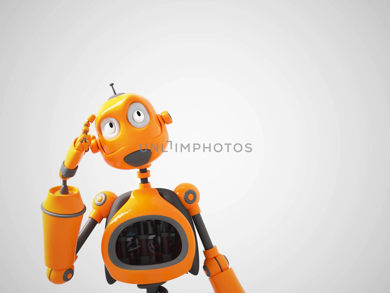 3D rendering of a yellow cartoon robot thinking about something. White background.