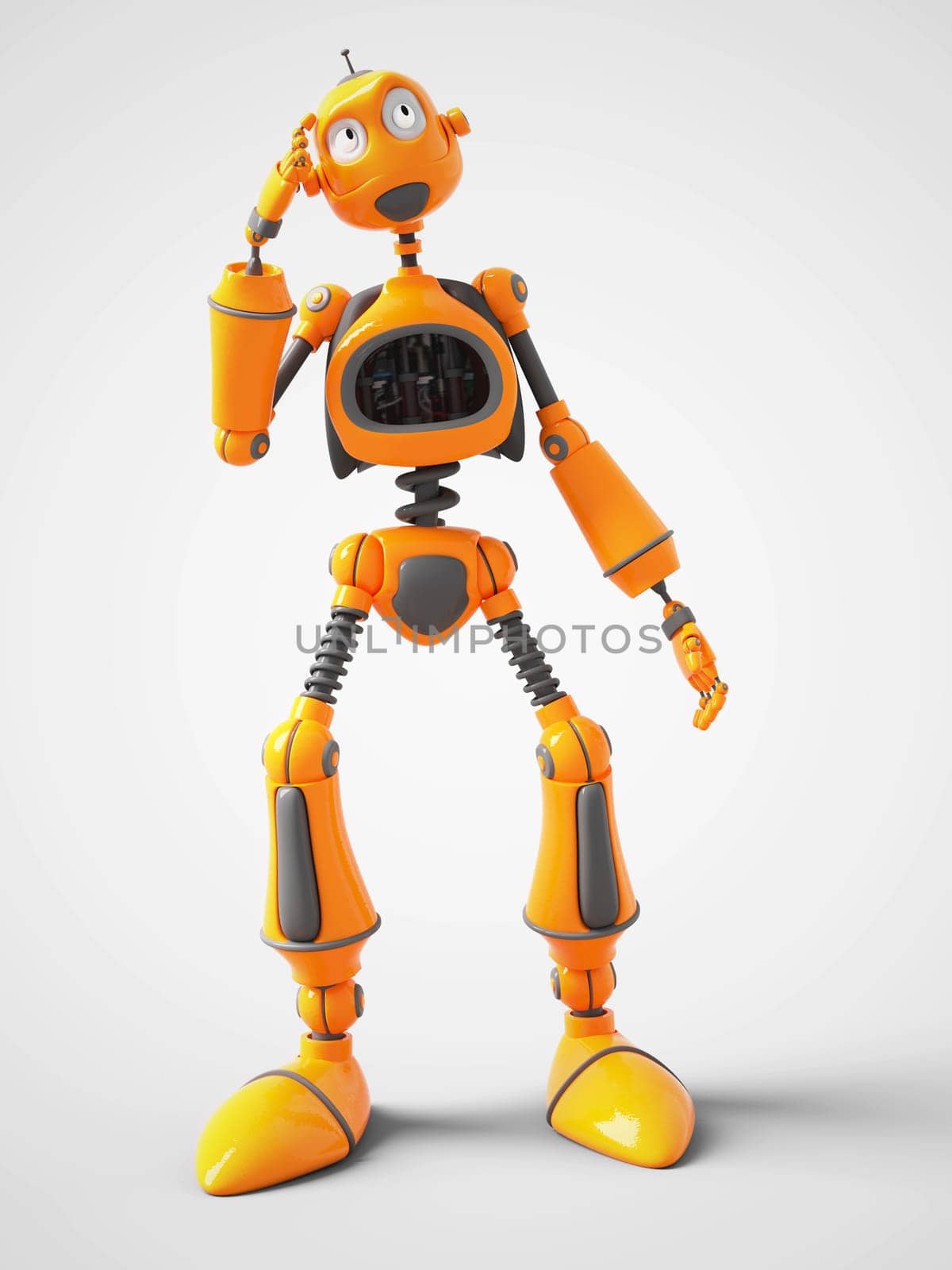 3D rendering of a yellow cartoon robot thinking about something. White background.