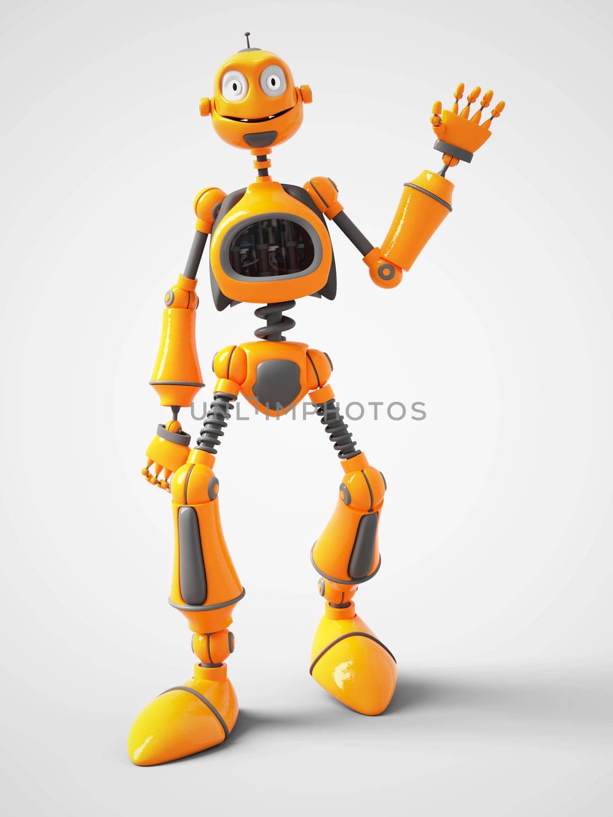 3D rendering of a yellow smiling cartoon robot waving hello. White background.