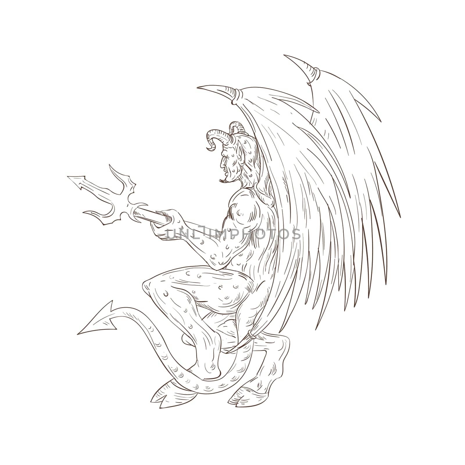 Drawing sketch style illustration of a demon, satan, devil or horned monster with bat wings holding a trident pitchfork viewed from side.