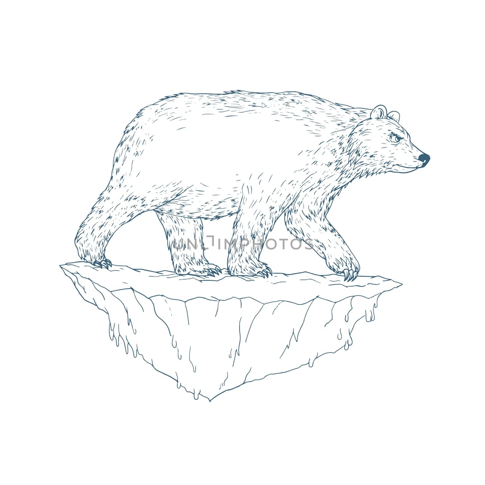 Ukiyo-e or ukiyo style illustration of a polar bear walking on floating iceberg viewed from side on isolated background.