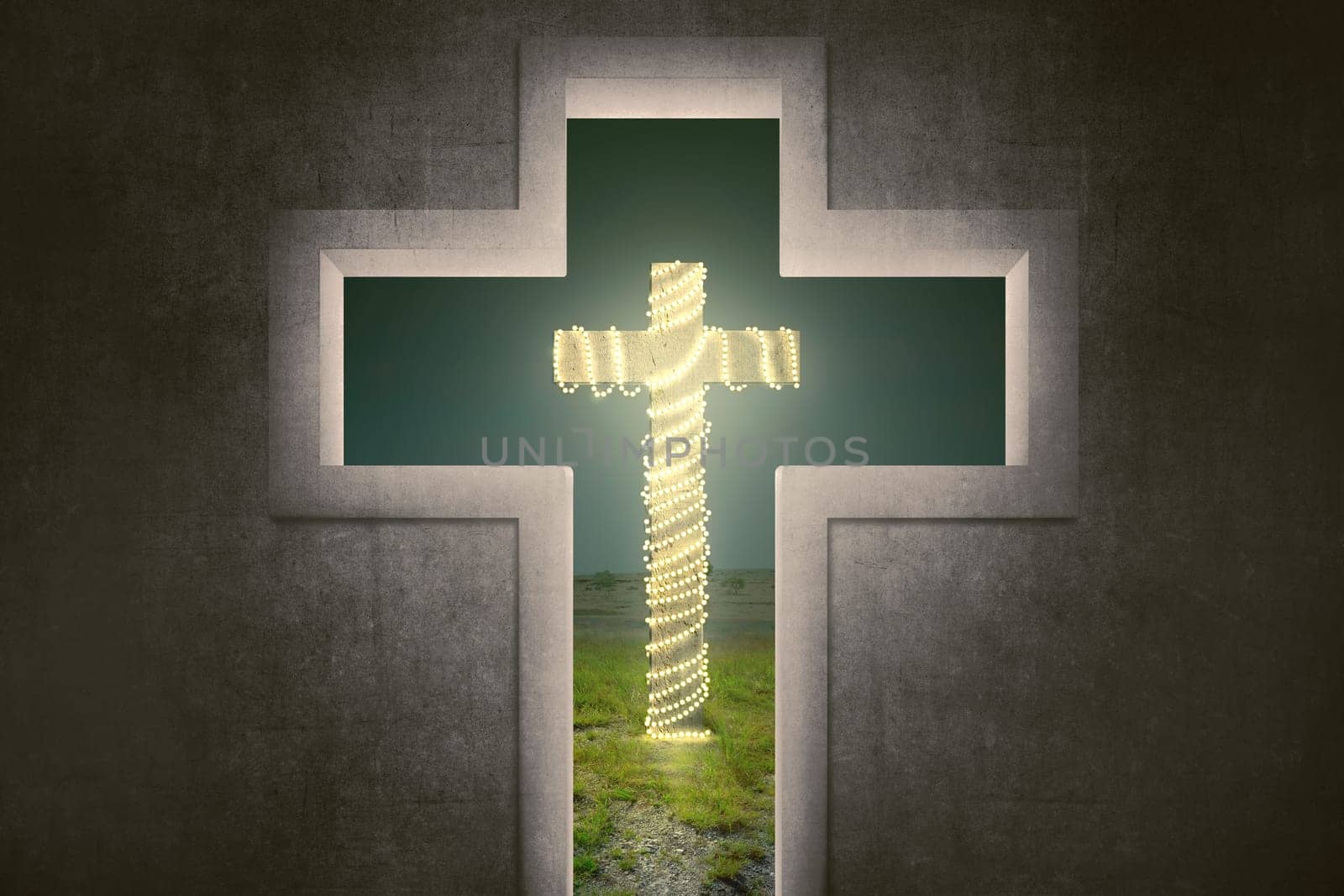 Cross shape with christ symbol with christmas lights decoration on the field