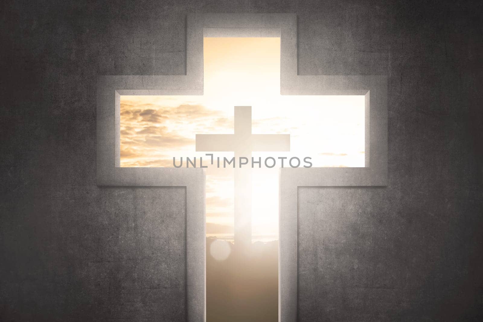 Cross shape with christ symbol at sunset background