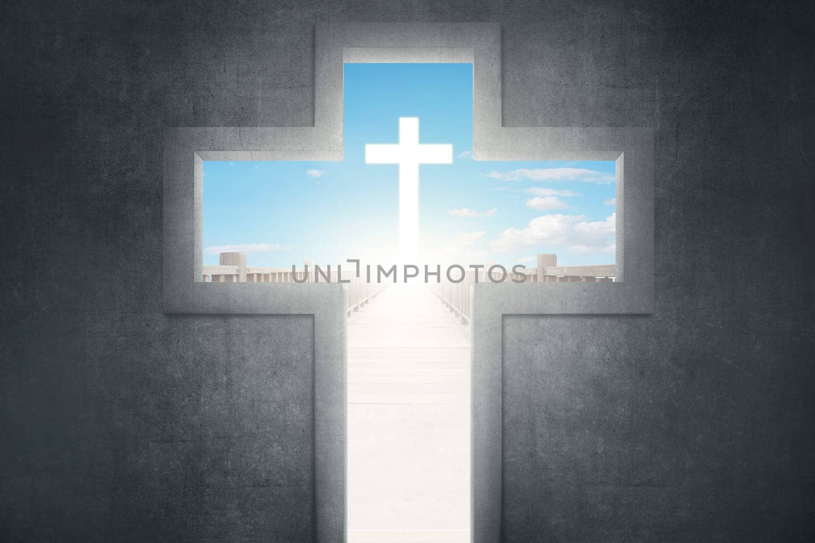Cross shape with christ symbol at the end of a wooden bridge