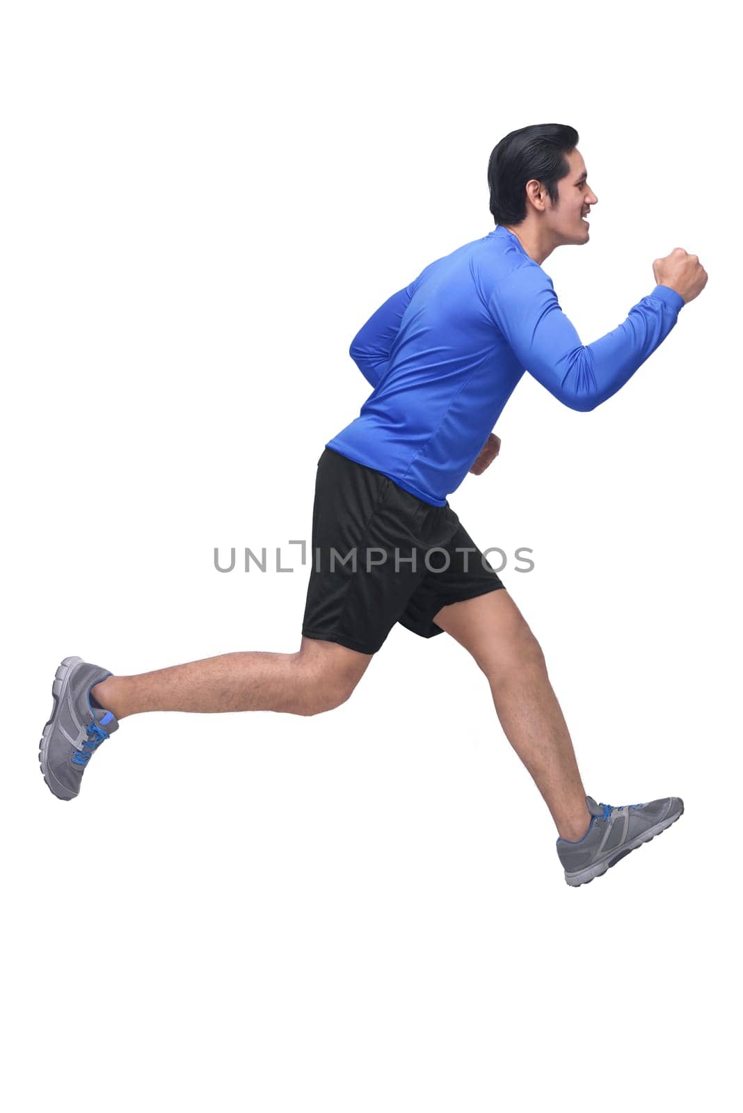 Portrait of asian man with sports clothing running isolated over white background
