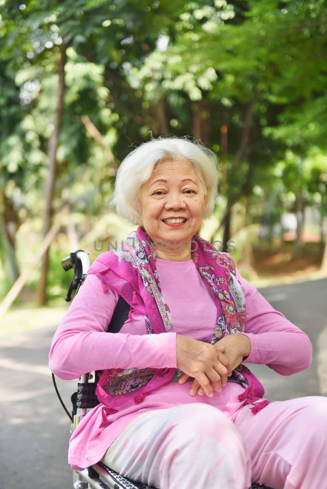 Portrait of asian senior woman sitting on a wheelchair at outdoor