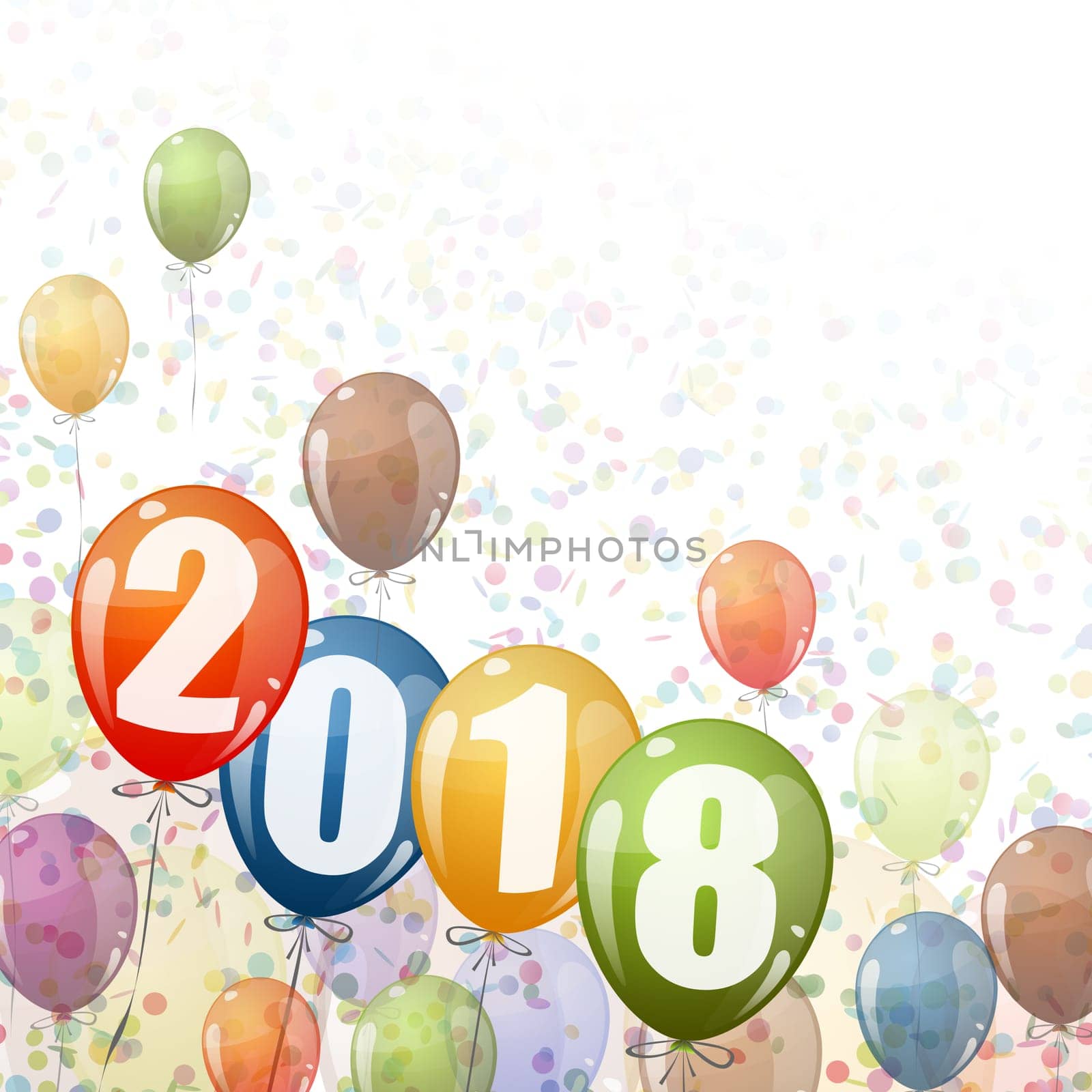 confetti and colored balloons with numbers for New Year 2018
