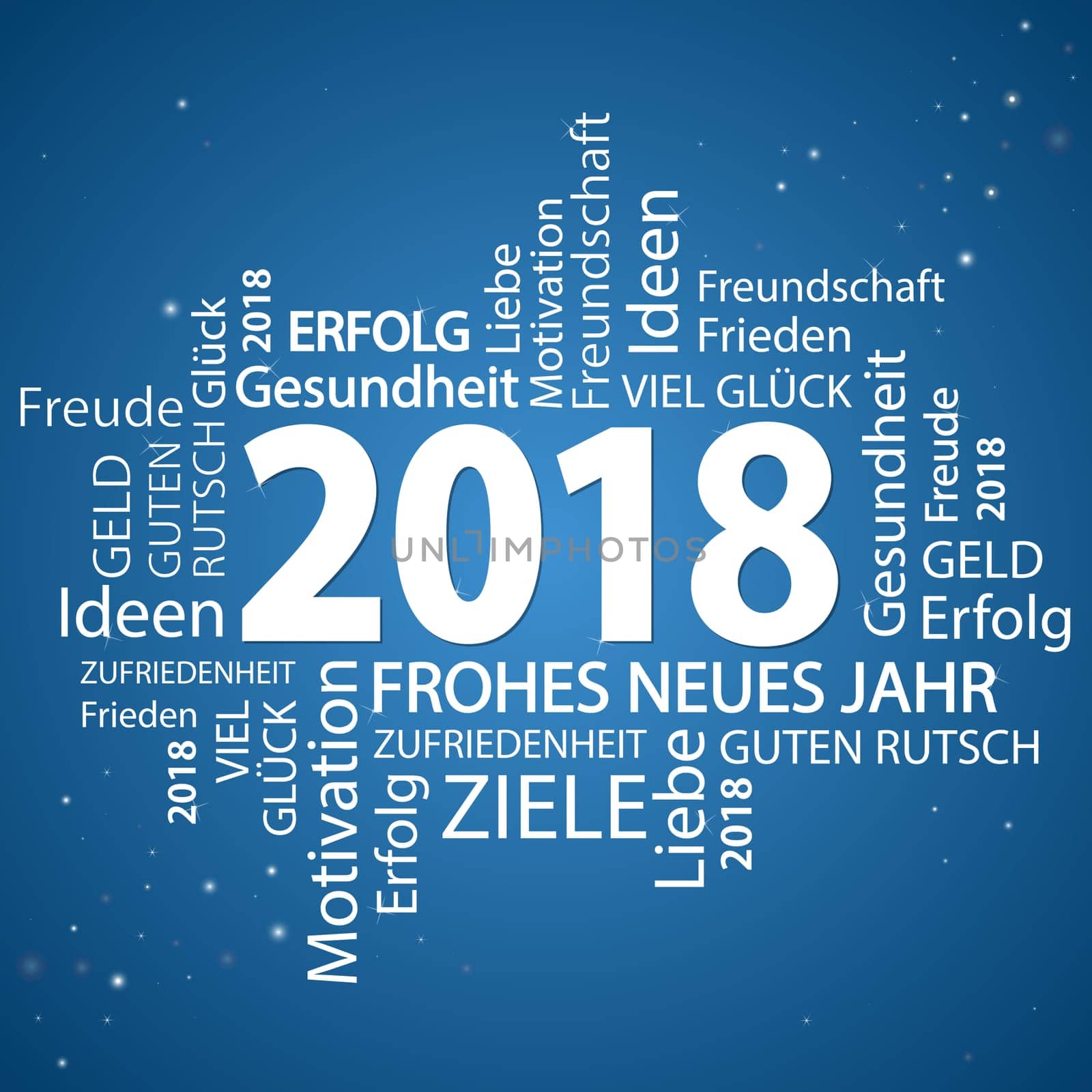 word cloud with new year 2018 greetings and blue background