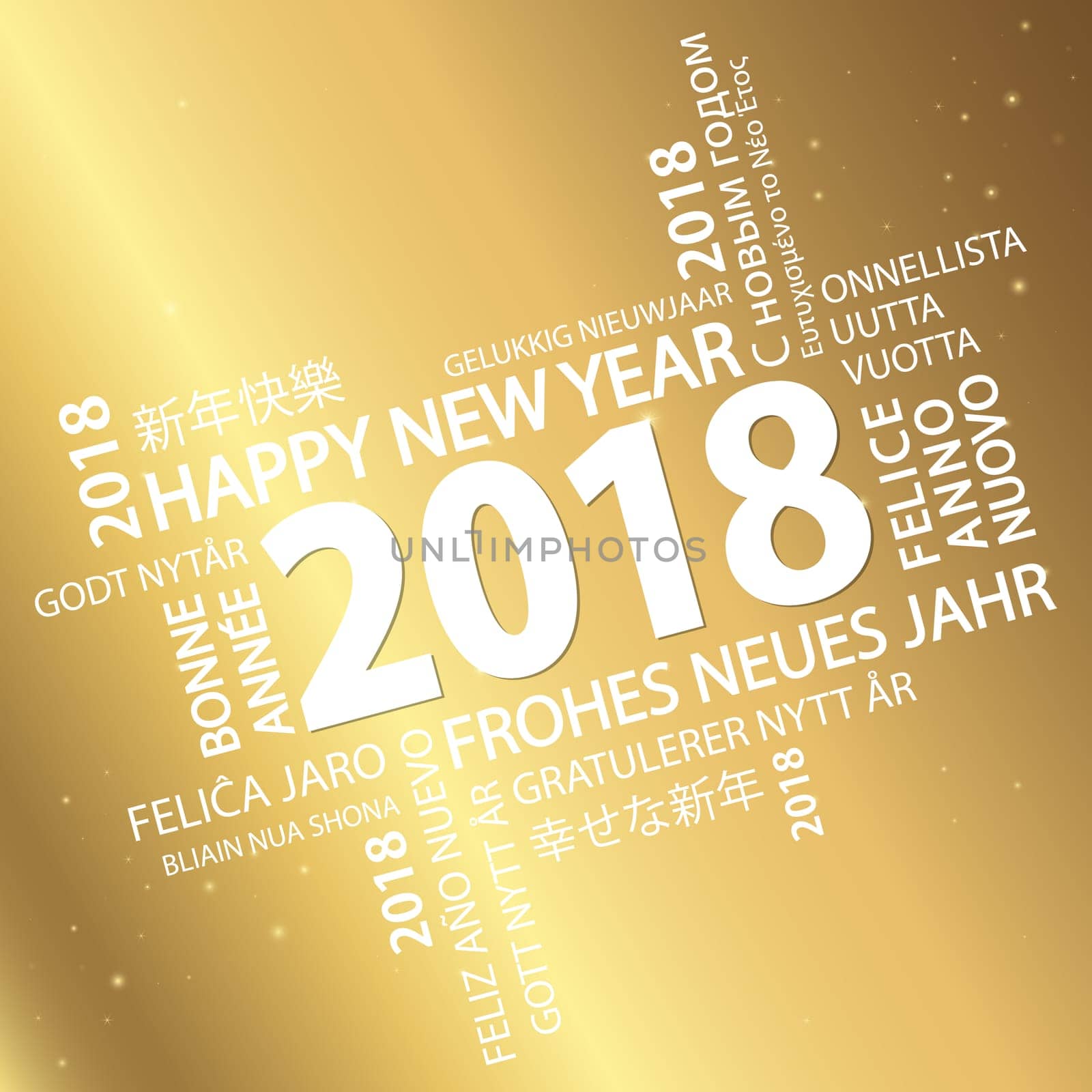 word cloud with new year 2018 greetings and golden background