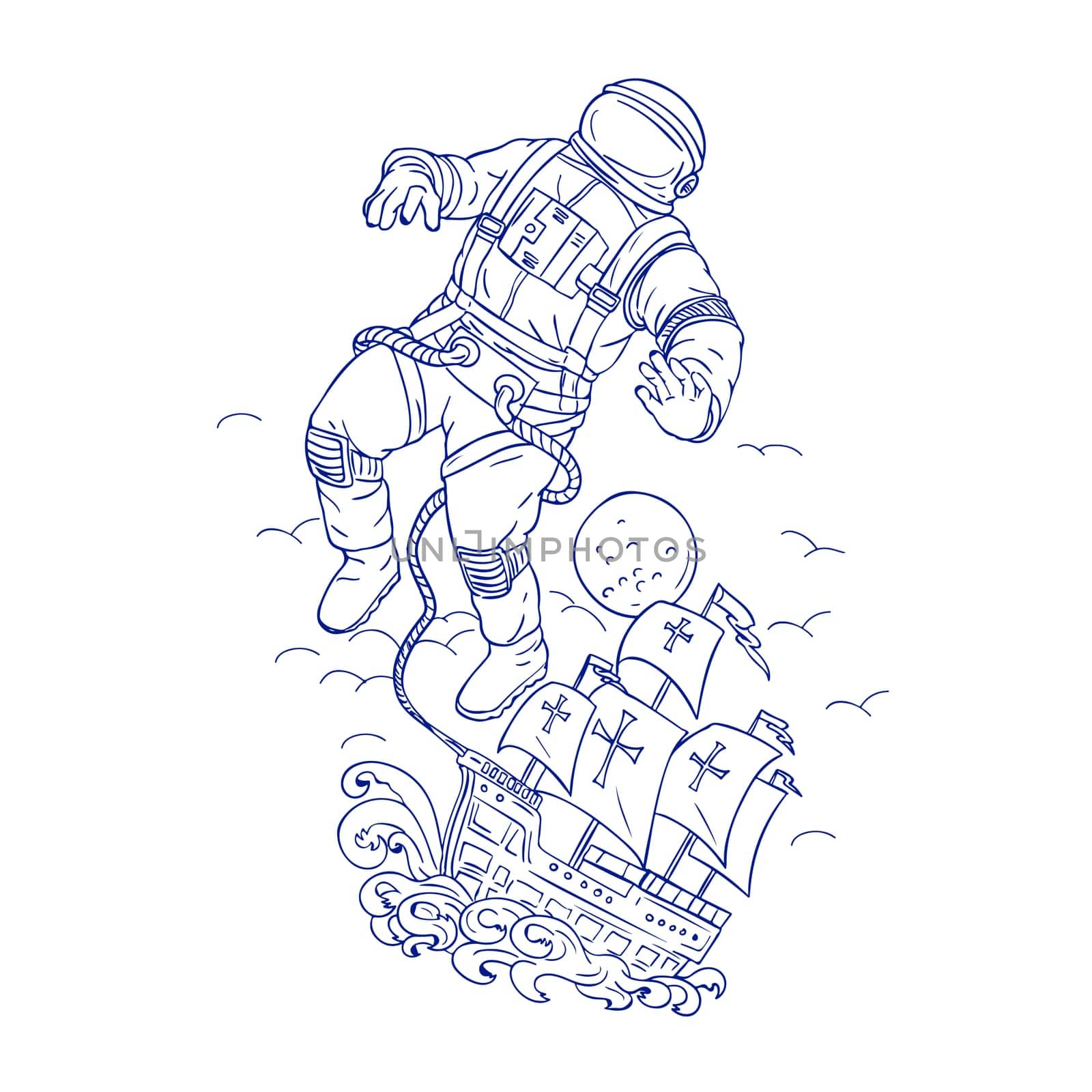 Drawing sketch style illustration of an astronaut or spaceman tethered to Portuguese caravel or galleon ship floating in space with moon in background.