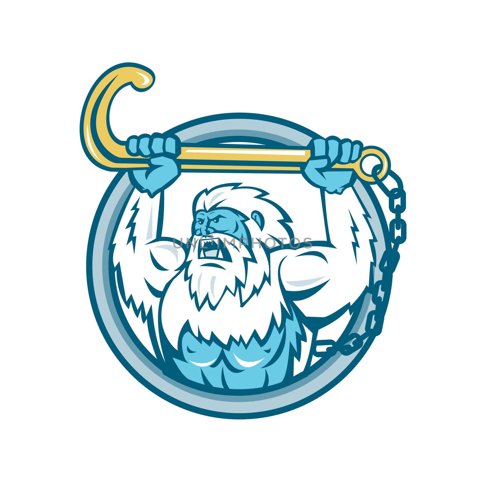 Retro style illustration of a muscular yeti or Abominable Snowman, an ape-like entity lifting or holding up a j hook or tow hook set inside circle on isolated background.