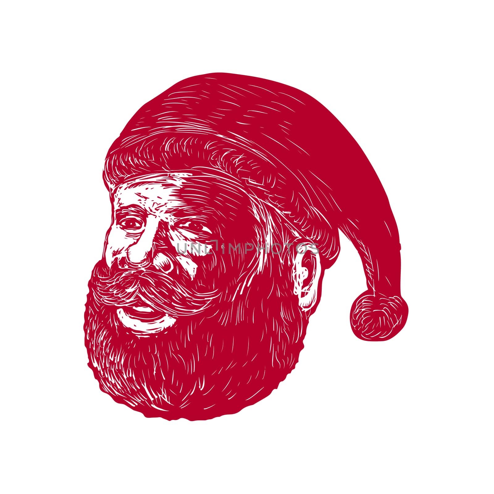 Retro woodcut style illustration of head of Santa Claus , Saint Nicholas, St. Nick or Kris Kringle three-quarter view on isolated background.