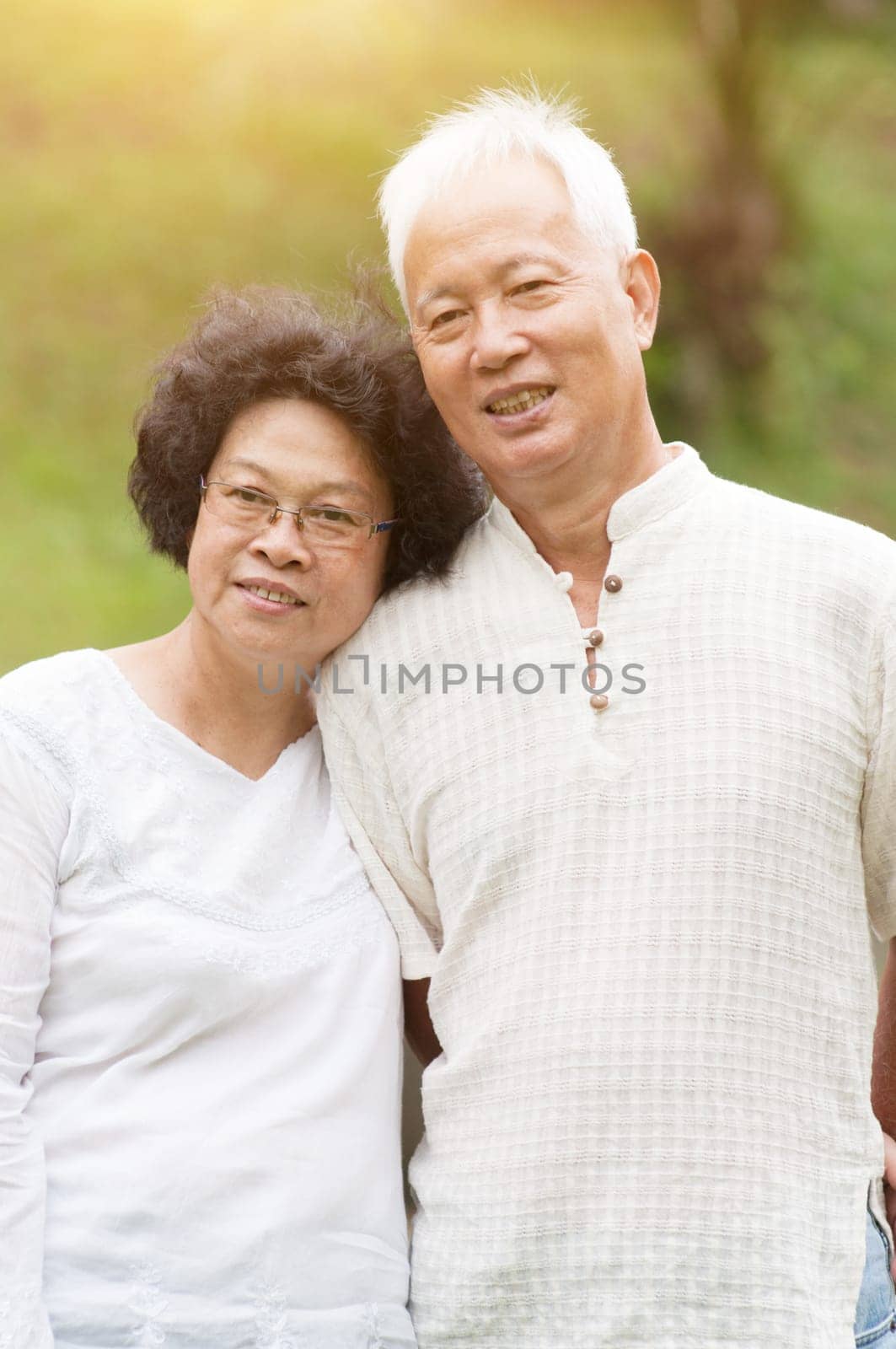 Happy elderly Asian seniors couple at outdoor park.