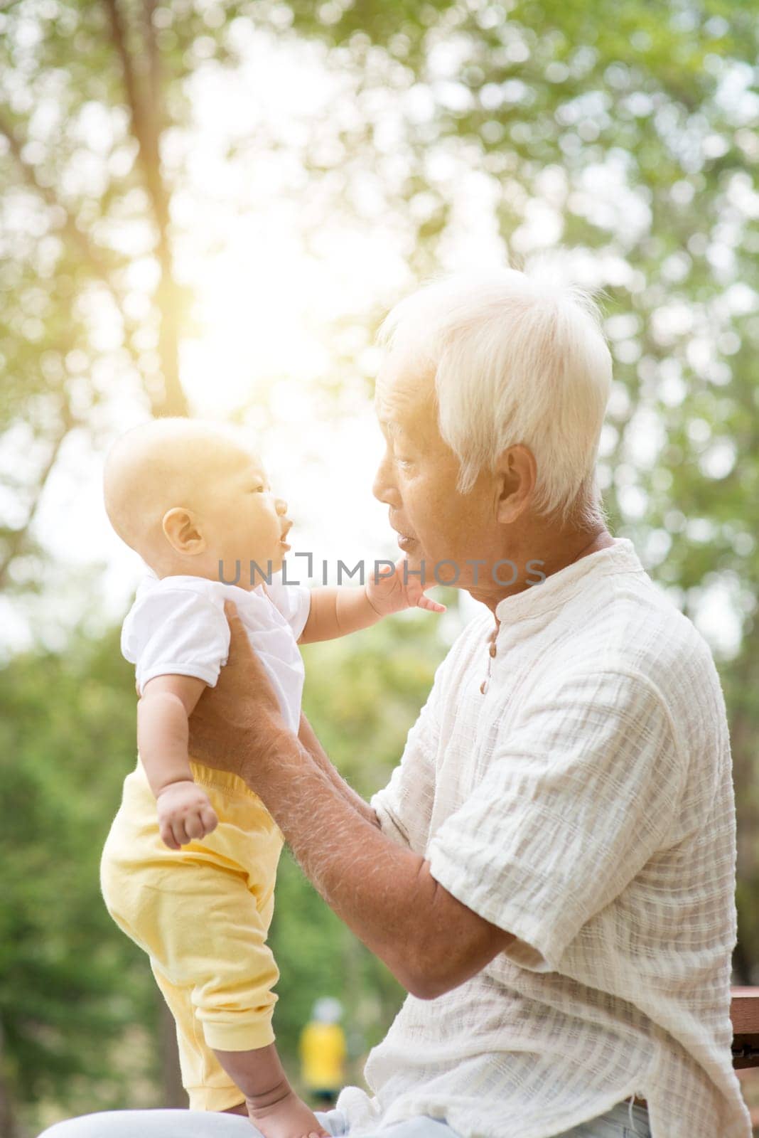 Grandfather taking care of baby grandson in outdoor park. Asian family.