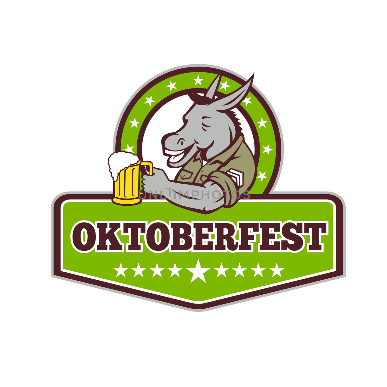 Retro style illustration of a donkey beer drinker wearing a sargeant military uniform holding a mug of beer ale set inside circle with words Oktoberfest on isolated background.