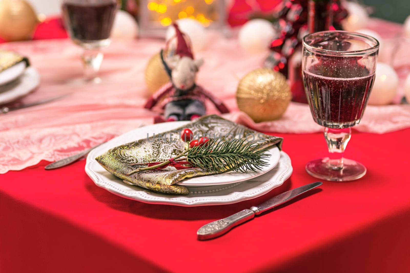 Beautiful Christmas table setting with decorations in vintage style