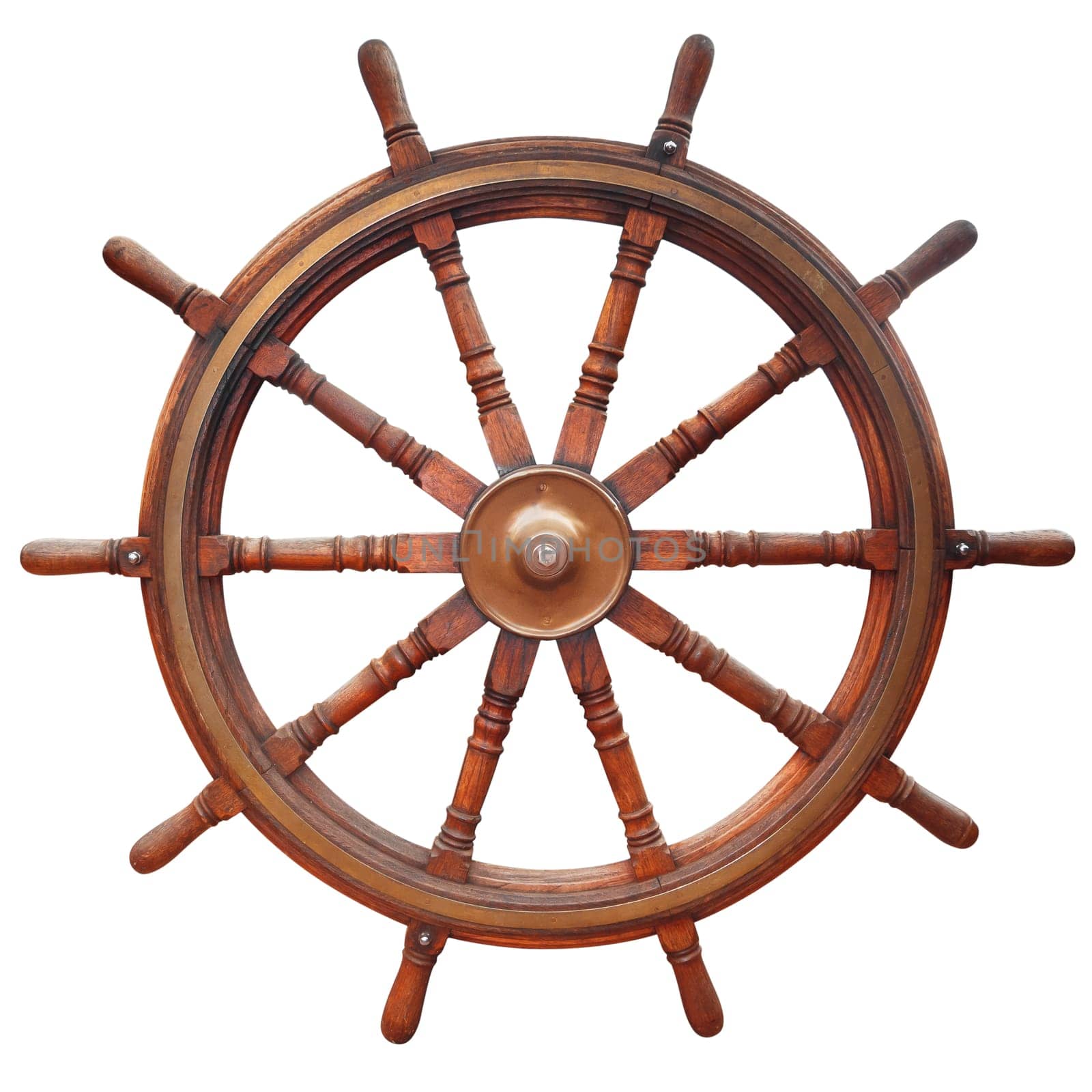 Wooden ten-spoke ship steering wheel insulated on white.