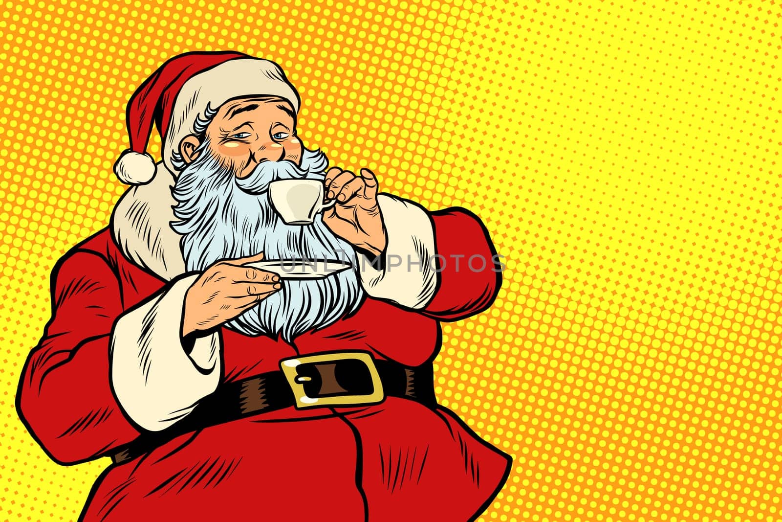 Santa Claus drinking tea or coffee. Pop art retro vector illustration