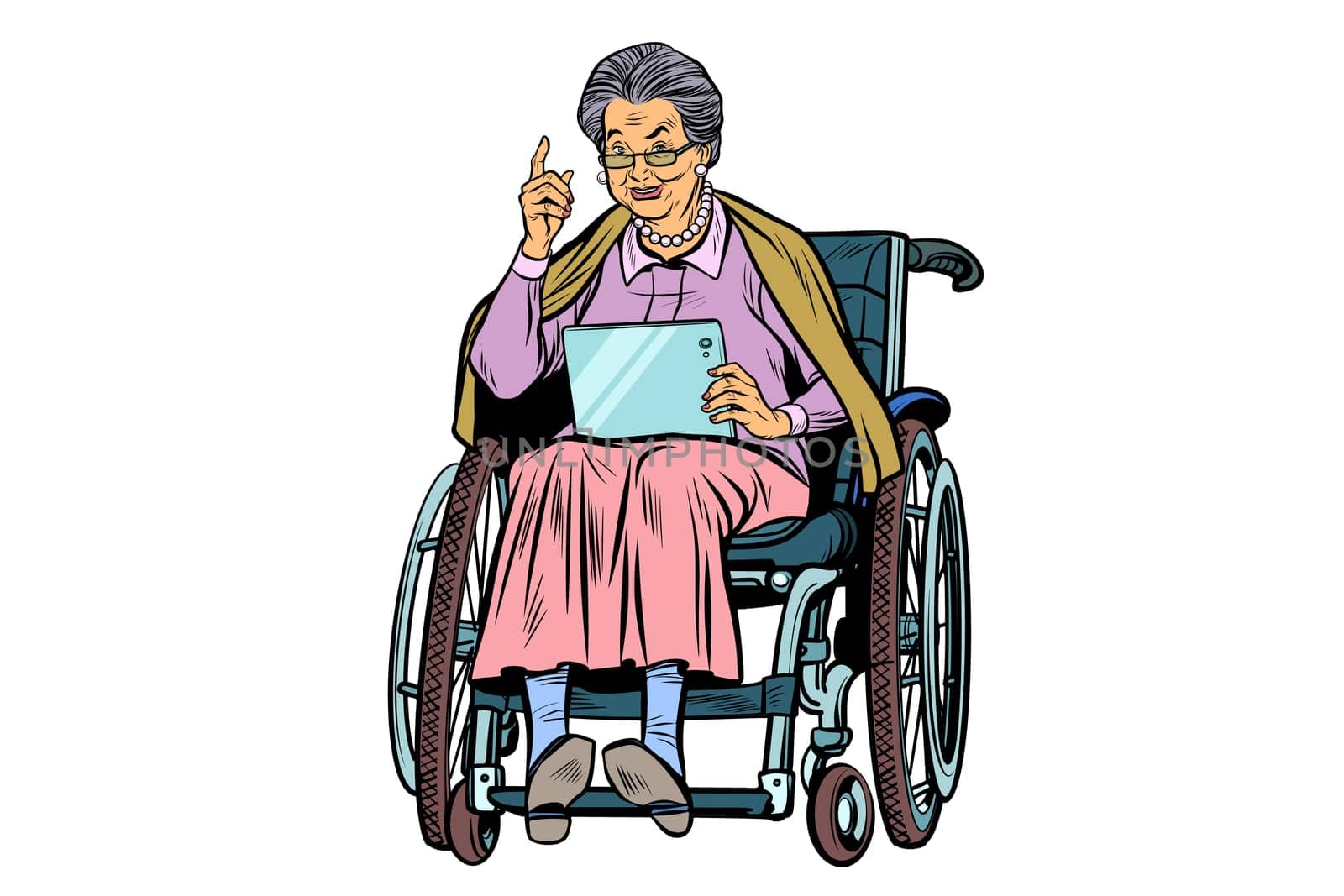 elderly woman disabled person in a wheelchair, gadget tablet. isolated white background. Pop art retro vector illustration