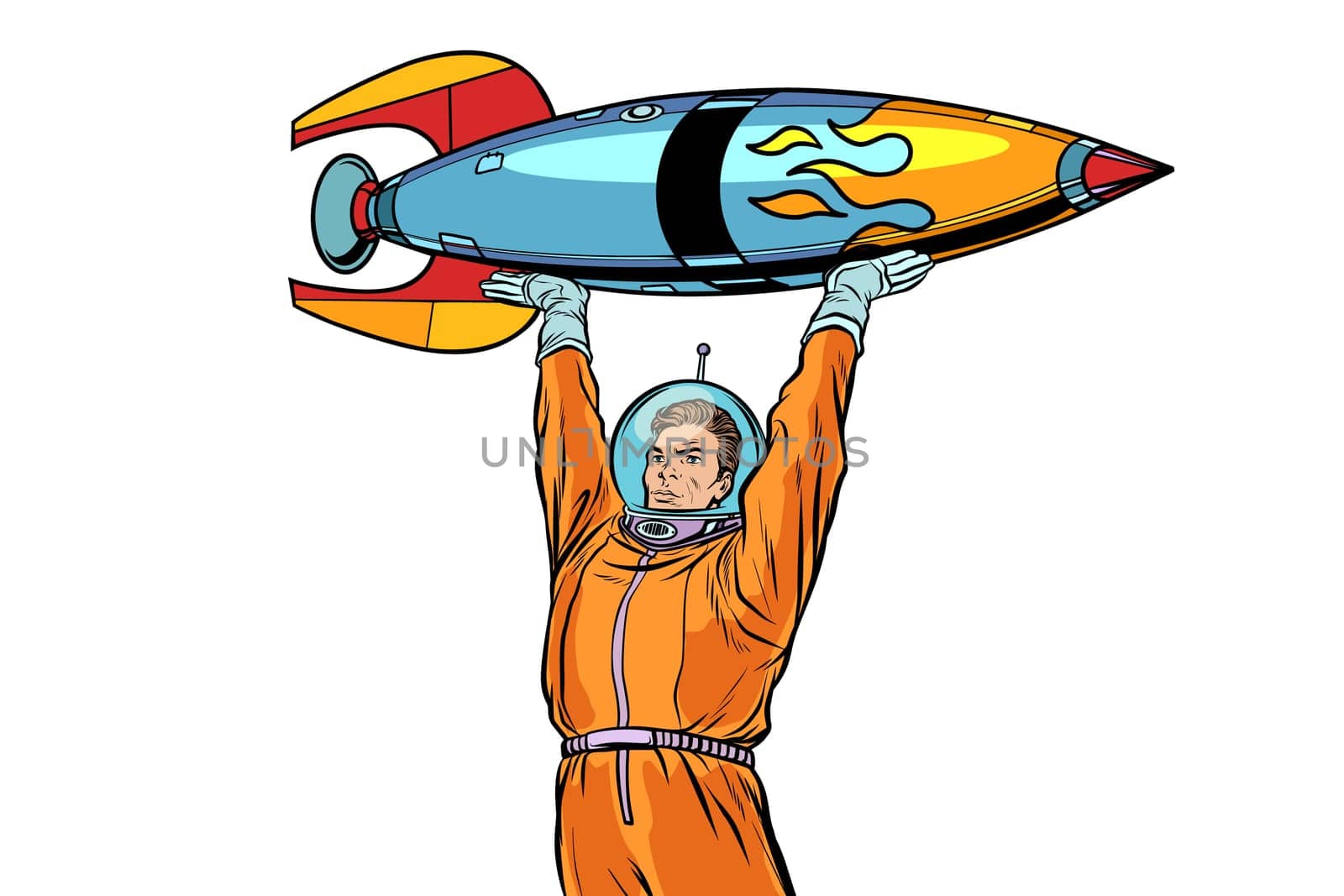 Astronaut and vintage rocket isolated on white background. Pop art retro vector illustration