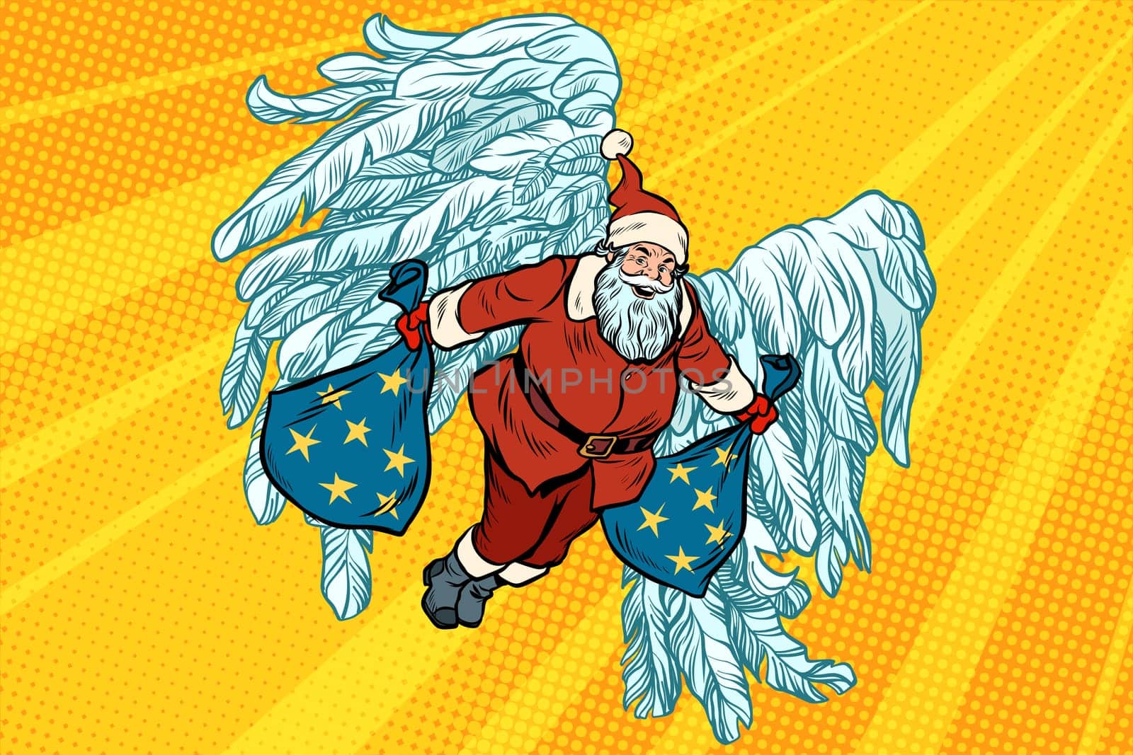 Santa Claus angel wings, Christmas gifts. Pop art retro vector illustration