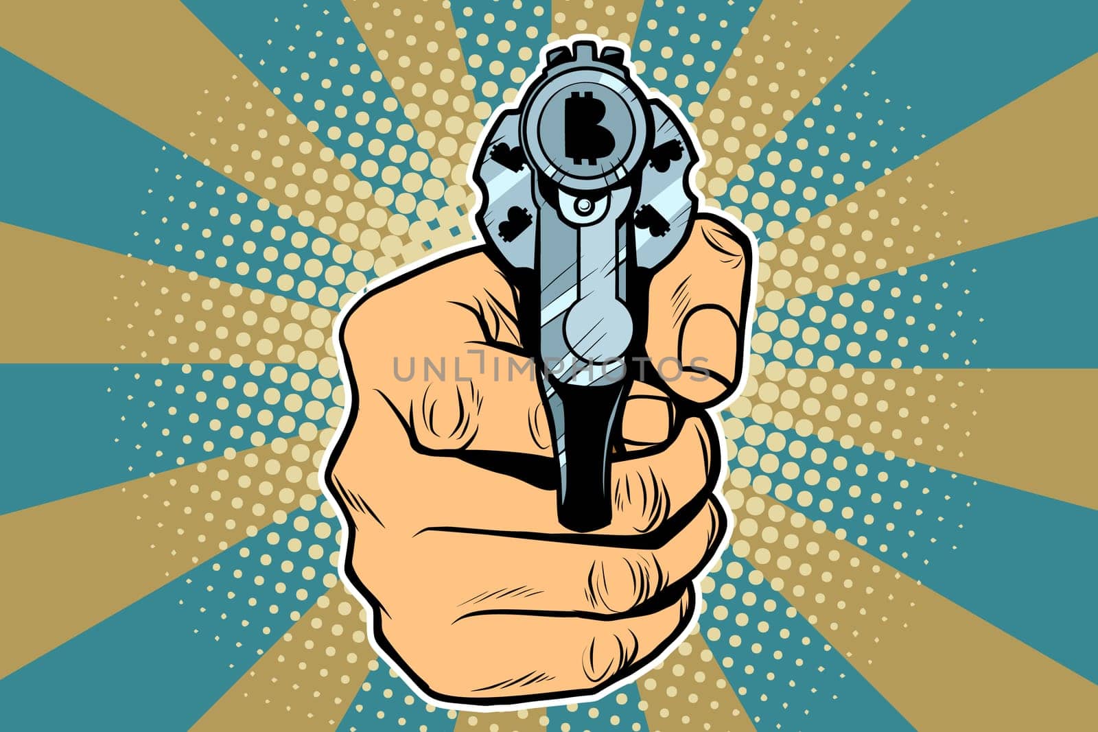 Bitcoin currency money Finance revolver in hand. Pop art retro vector illustration