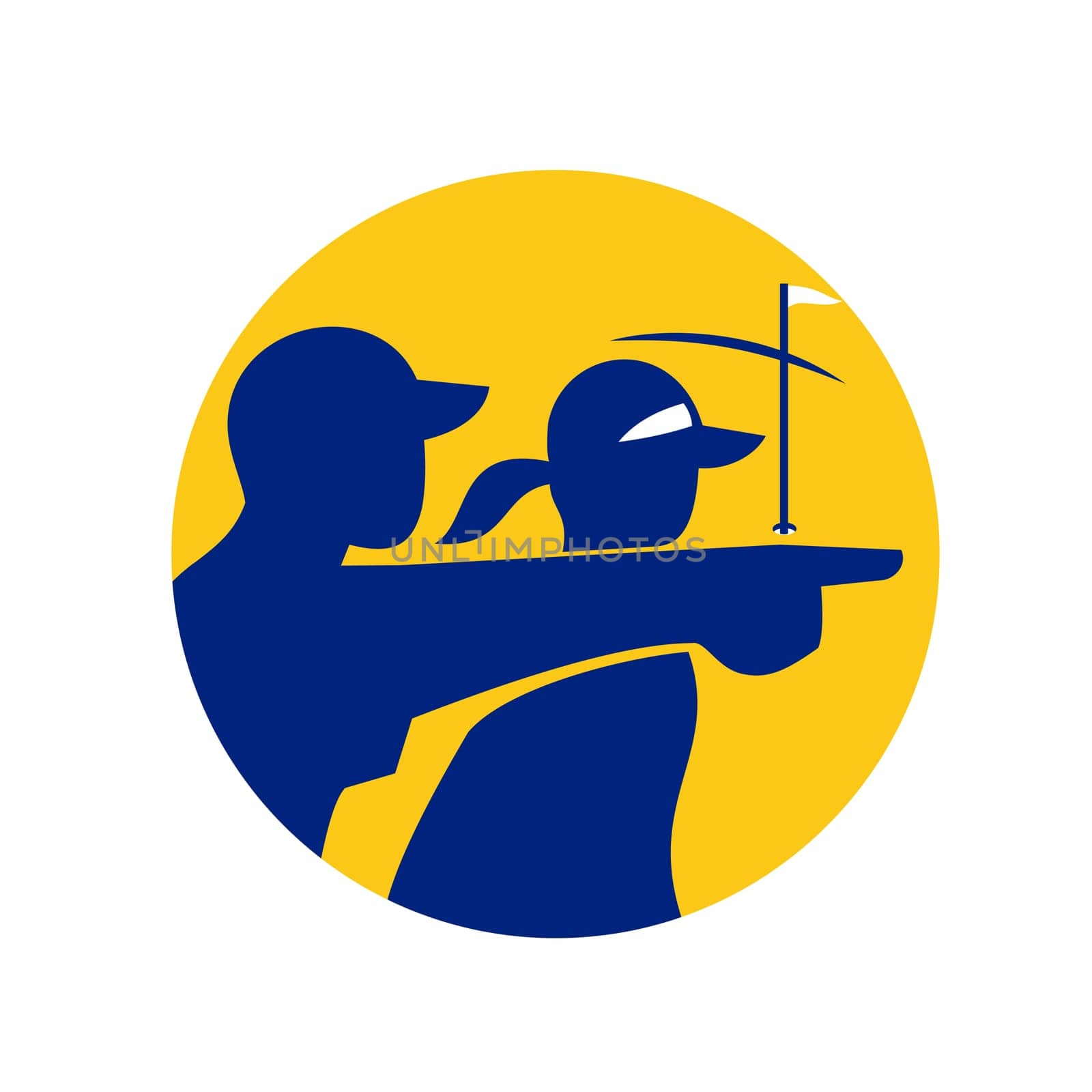 Icon style illustration of a caddie or caddy pointing with golfer set inside circle on isolated background.