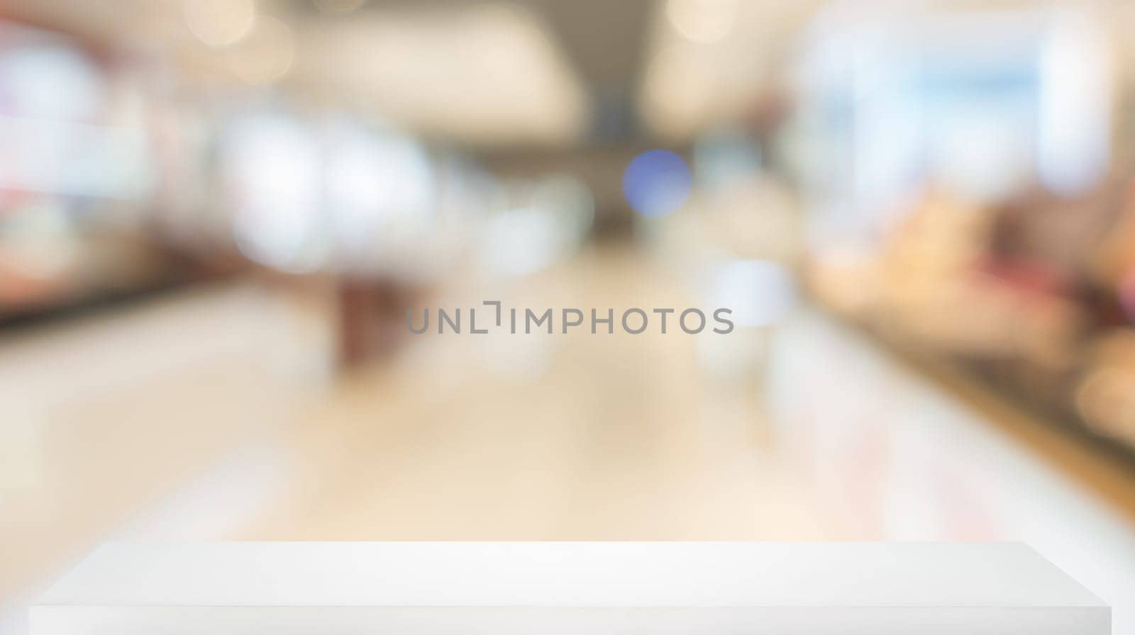 blurred, defocused convenience store with wooden shelf