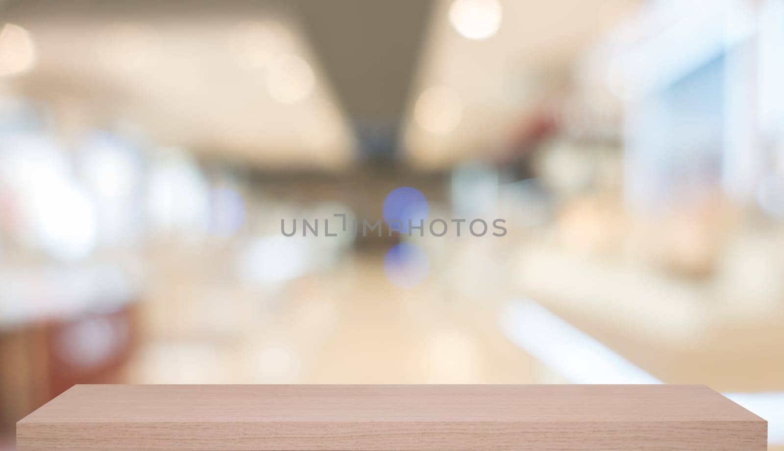 blurred, defocused convenience store with wooden shelf