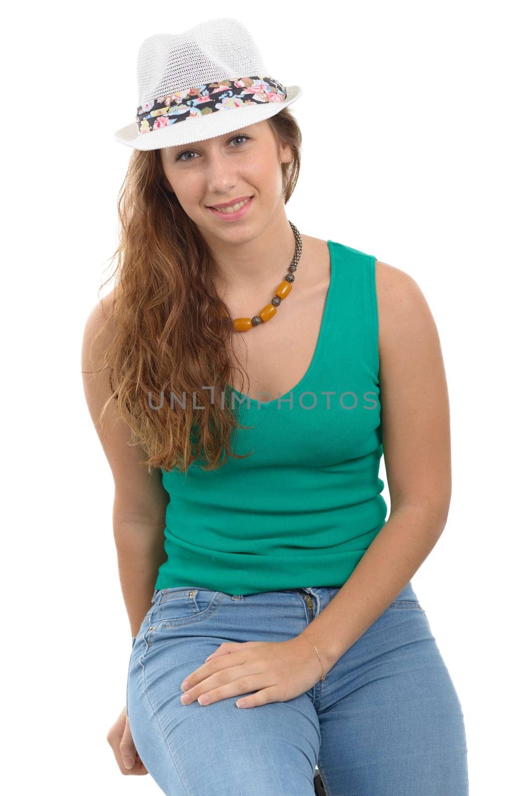 Beautiful portrait of fashion model, with hat, on white background