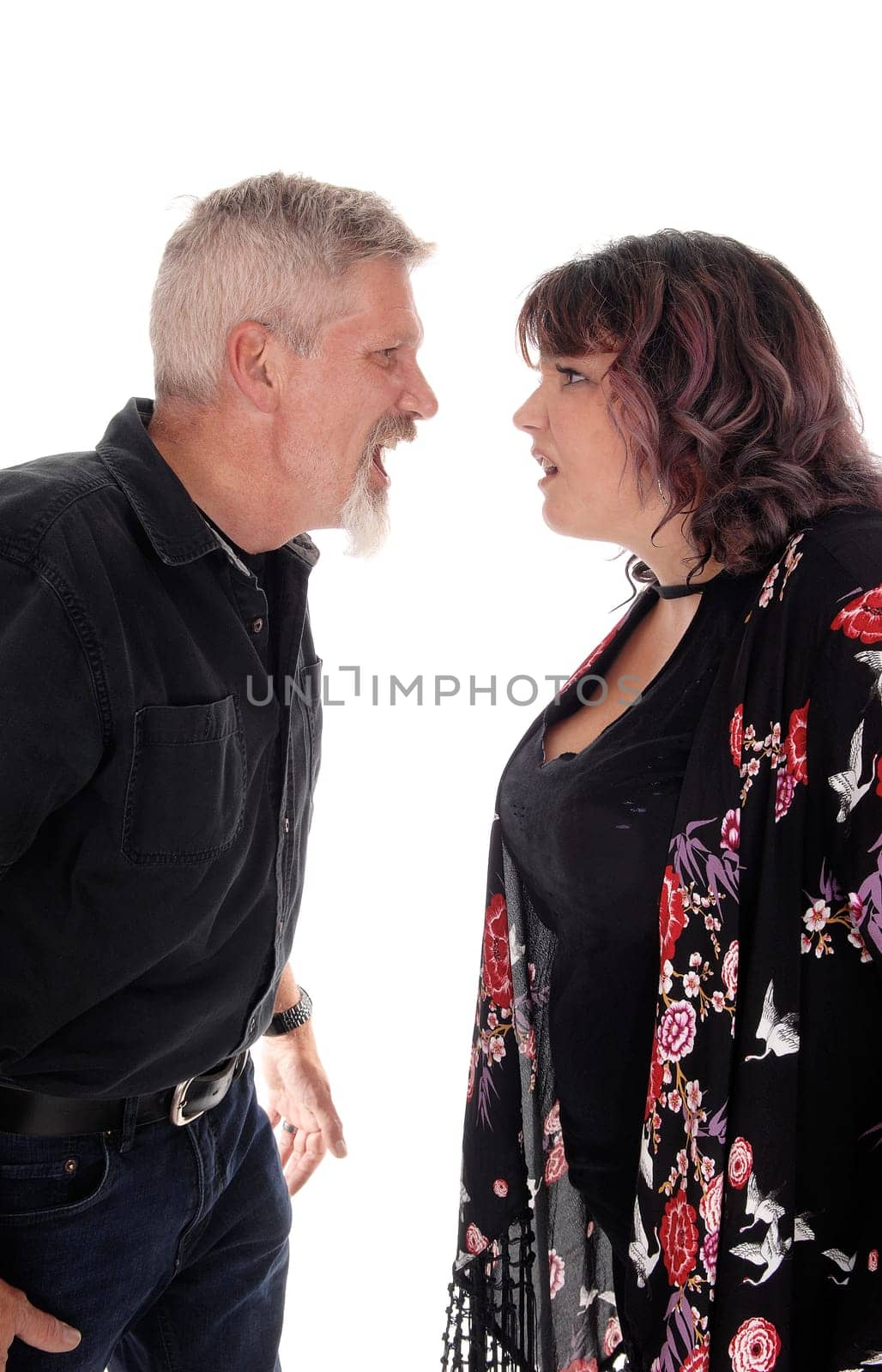 A closeup image of a couple shouting at each other with there mouths.open, waist up, isolated for white background.