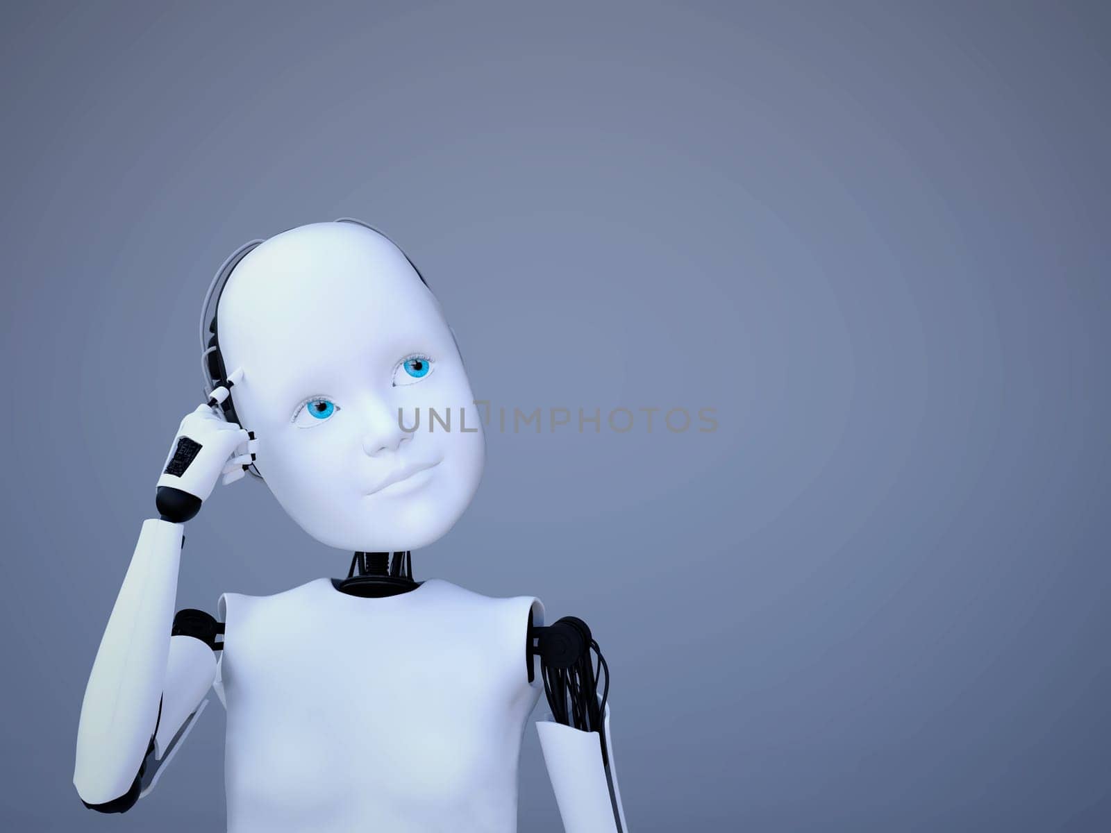 3D rendering of a robot child thinking about something. Bluish background.