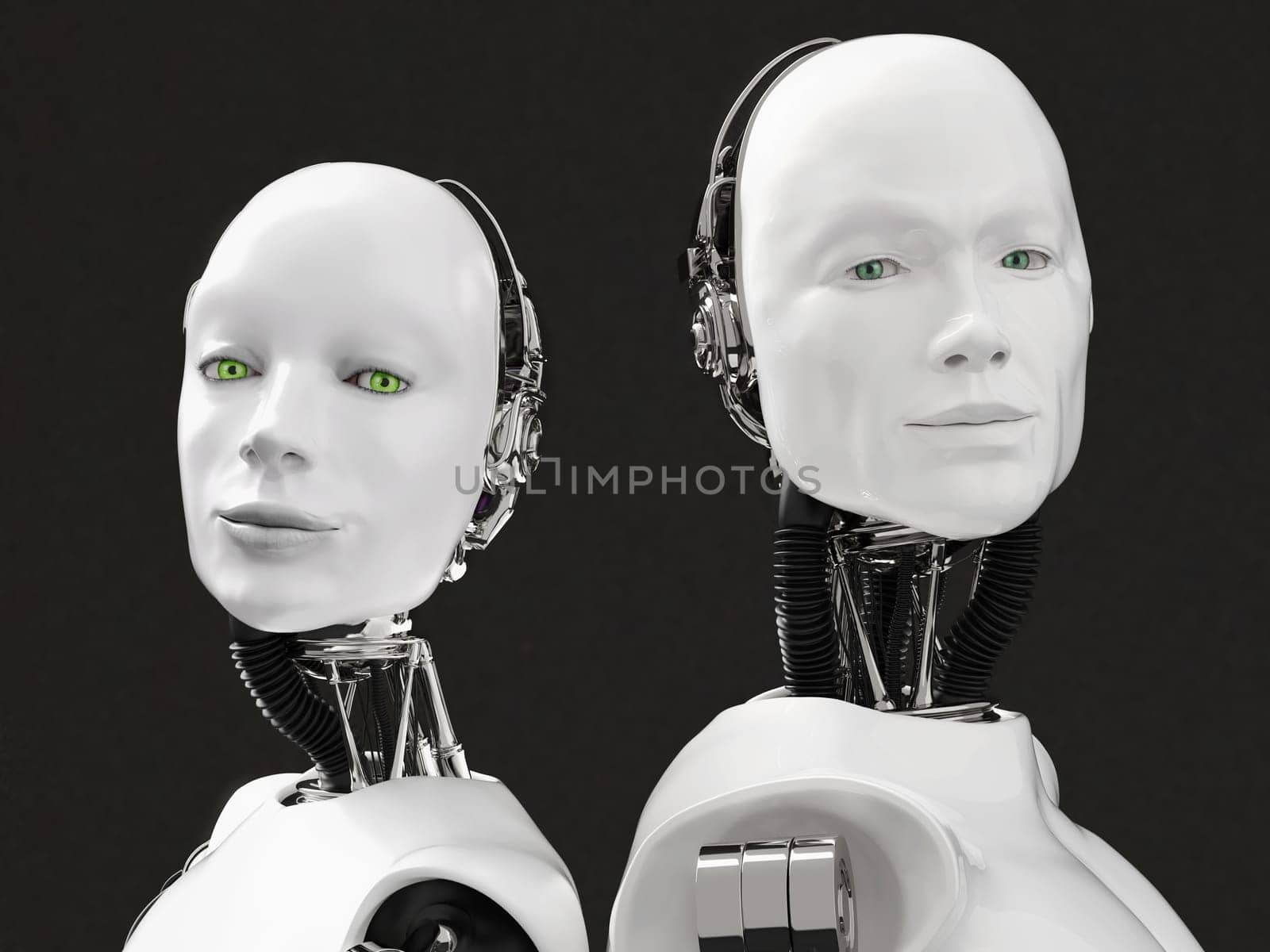 3D rendering of the heads of a female and male robot. They have their heads turned to the camera, standing back to back. Black background.