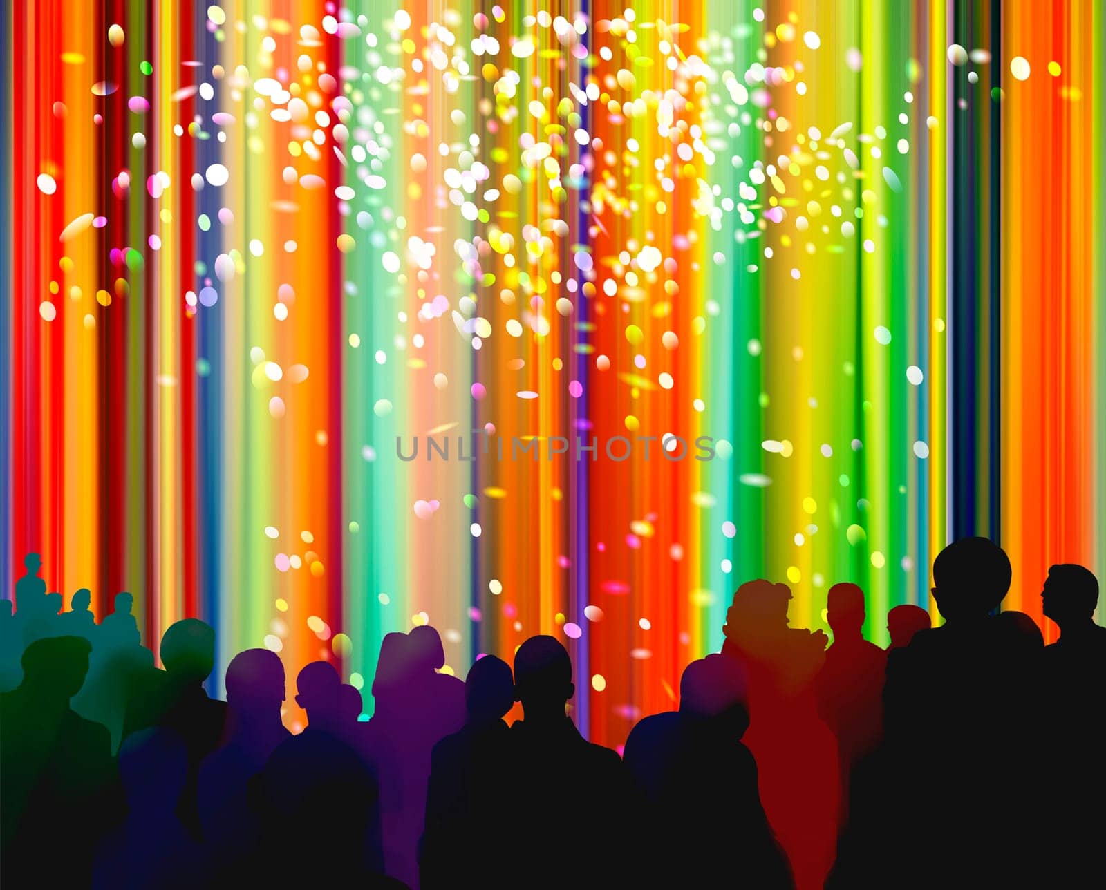 people curtain theater anticipation joy silhouettes illustration colorful confetti