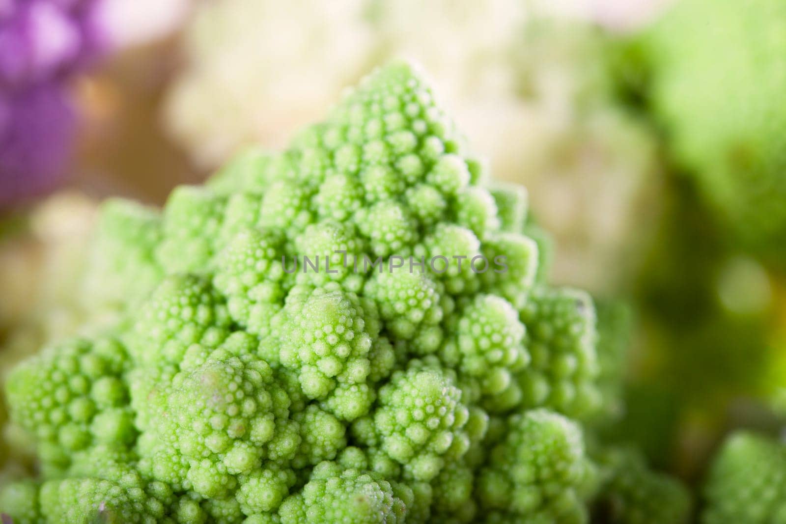 Close up of  romanesco broccoli with other types of cauliflower out of focus in background.