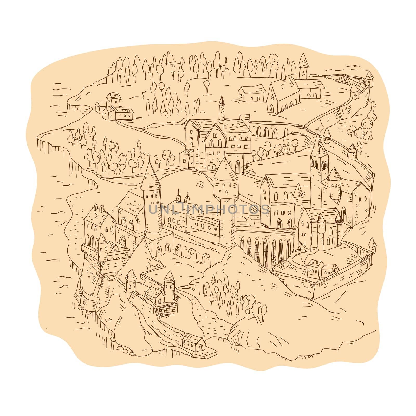 Drawing sketch style illustration of a medieval fantasy map, cartography showing castle, village, church, tower, mountains and trees.